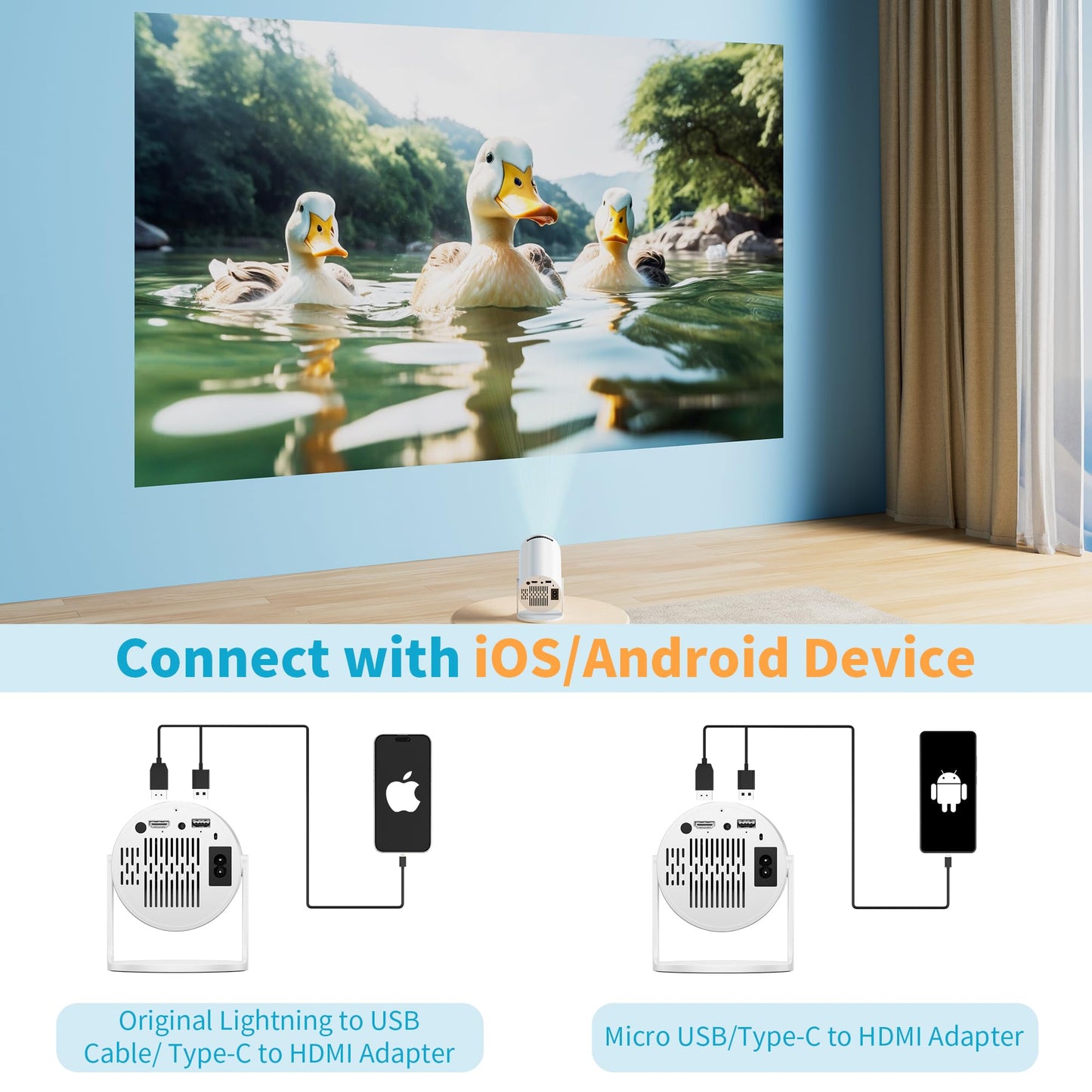Mini Projector Portable Proyector 4K Support, Full HD 1080P Small Projector with 270° Rotatable Stand, Movie Projector Compatible with TV