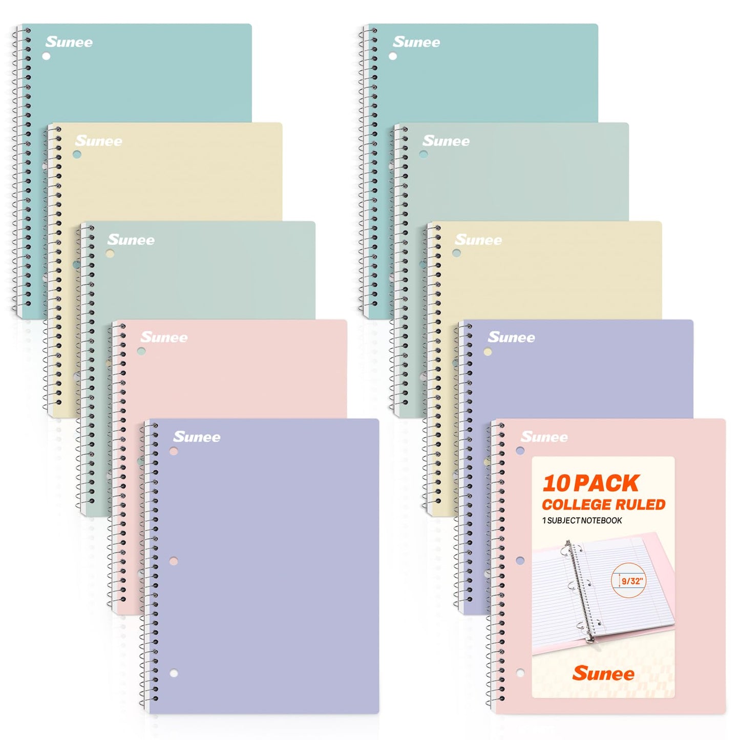SUNEE Spiral Notebooks, 1-Subject, 10 Pack, College Ruled Paper, 8" x 10-1/2", 70 Sheets per Notebook,3-Hole Punched Paper, Pink,Purple, Blue, Green