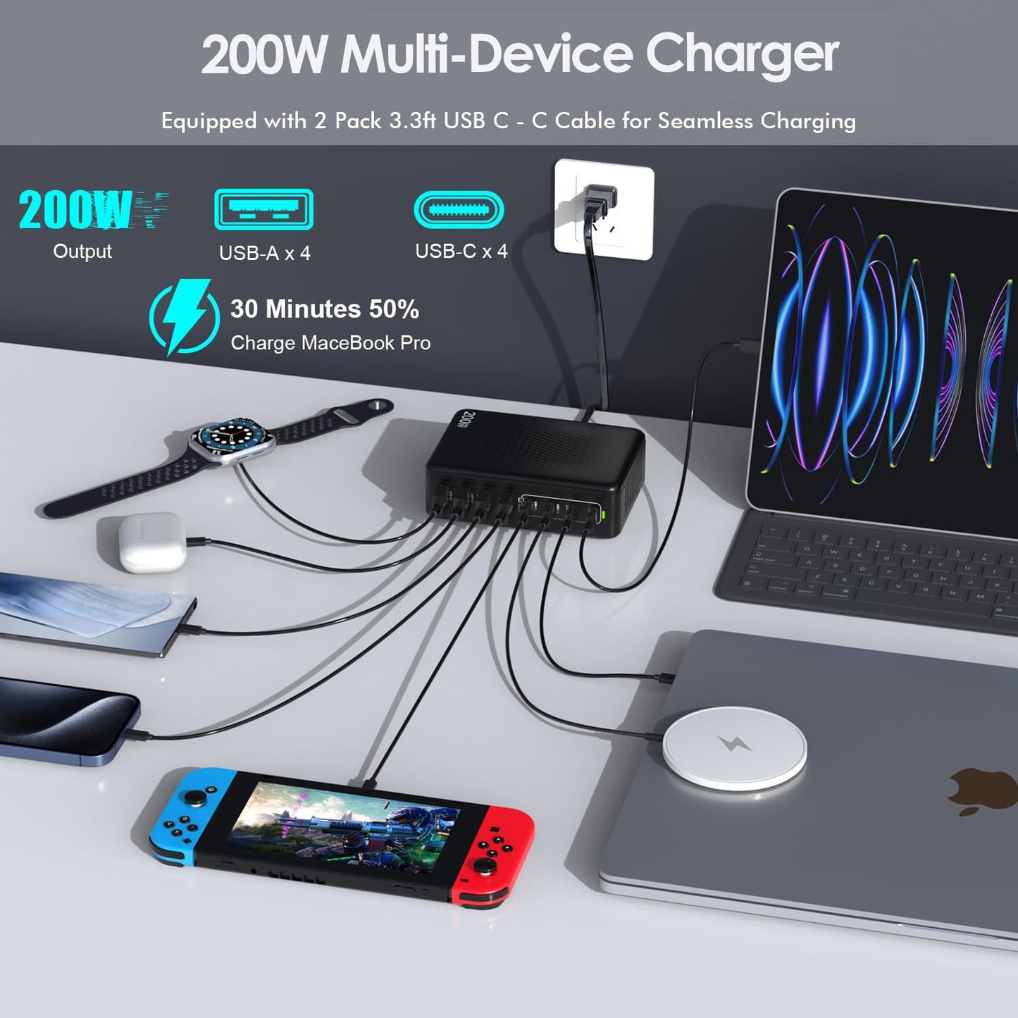200W USB C Charger Block,8-Port USB C Charging Station with 2 Pack Type-C Cable GaN 65W Laptop Fast Charger Adapter Type-C&USB-A Wall Cube Brick
