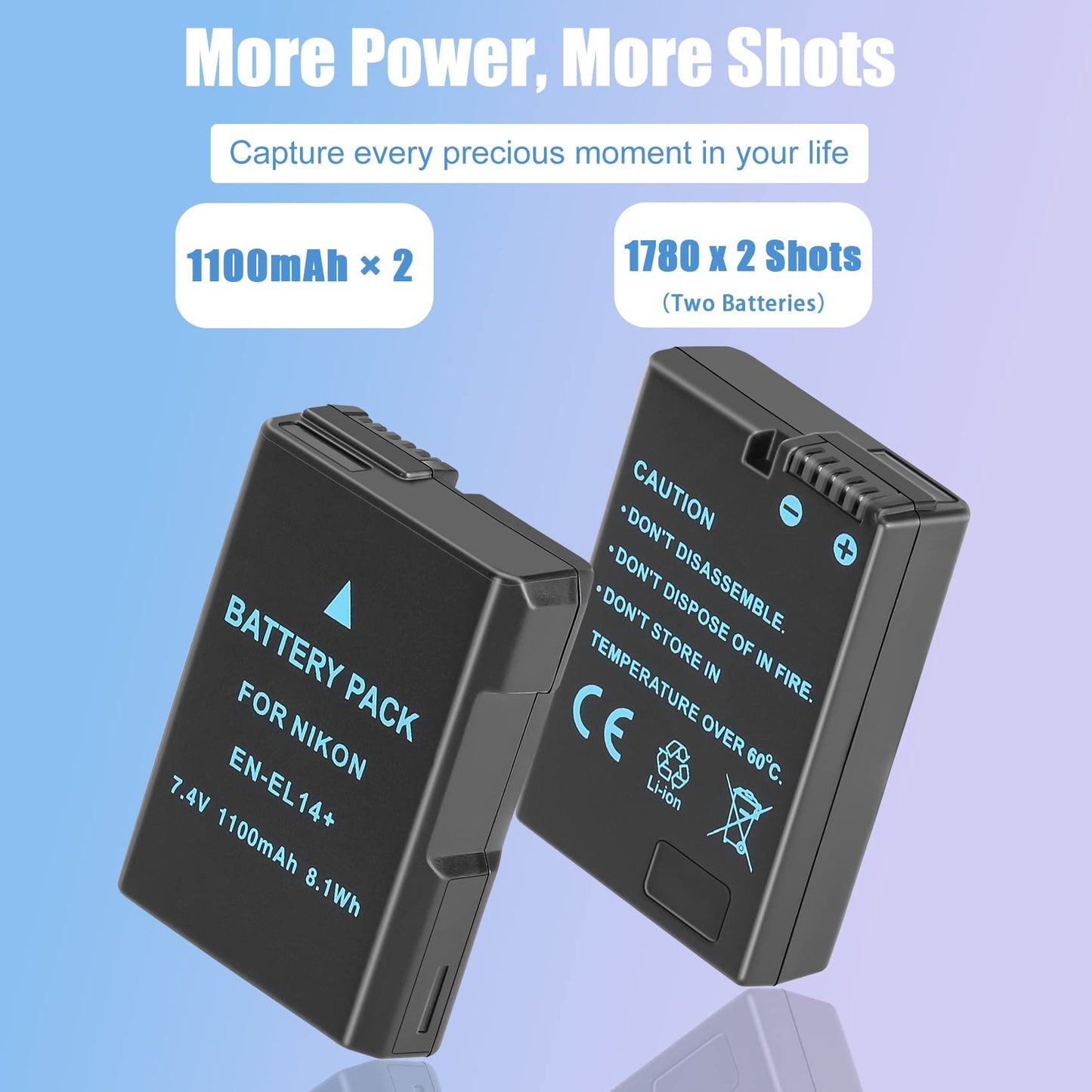 2-Pack EN-EL14 EN-EL14a Replacement Battery Dual USB Charger Set Compatible for Nikon D3200, D5600, D3500, D3300, D3400, D3100, D5100, D5200, D5300