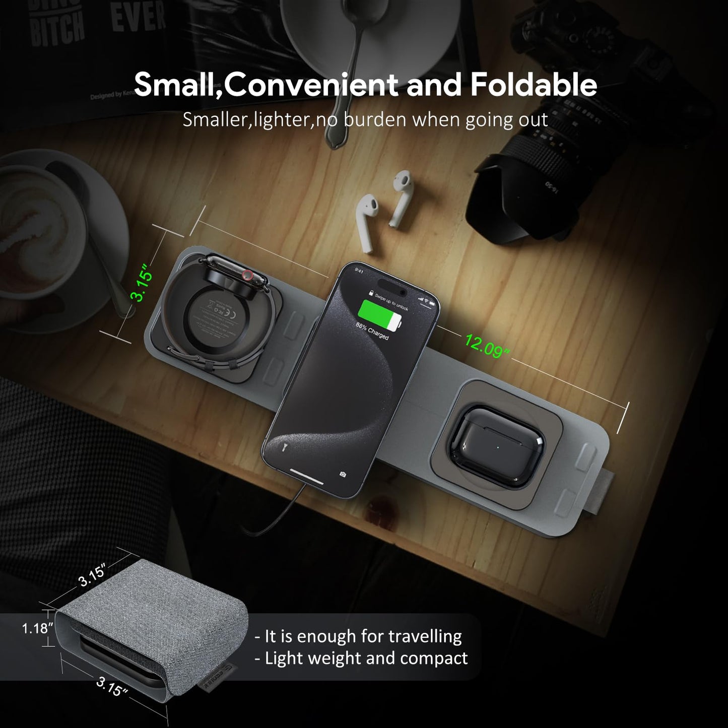 Esoulk 3-in-1 Wireless Travel Charger for iPhone, Airpods, Apple Watch - 15W 5W 2.5W for Smart Phone Watch Compact Foldable Travel Pocket Size