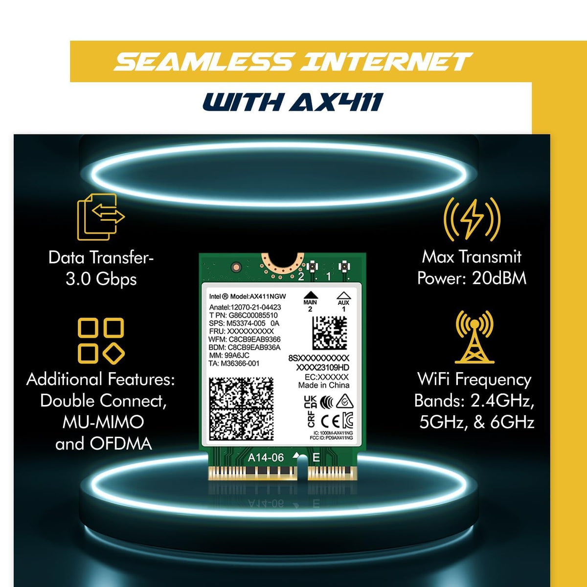 Intel AX411 Double Connect WiFi 6E (Gig+) CNVio2 Tri Band 2.4/5/6GHz Wireless Adapter AX411NGW 802.11ax 2.4Gbps Bluetooth 5.3