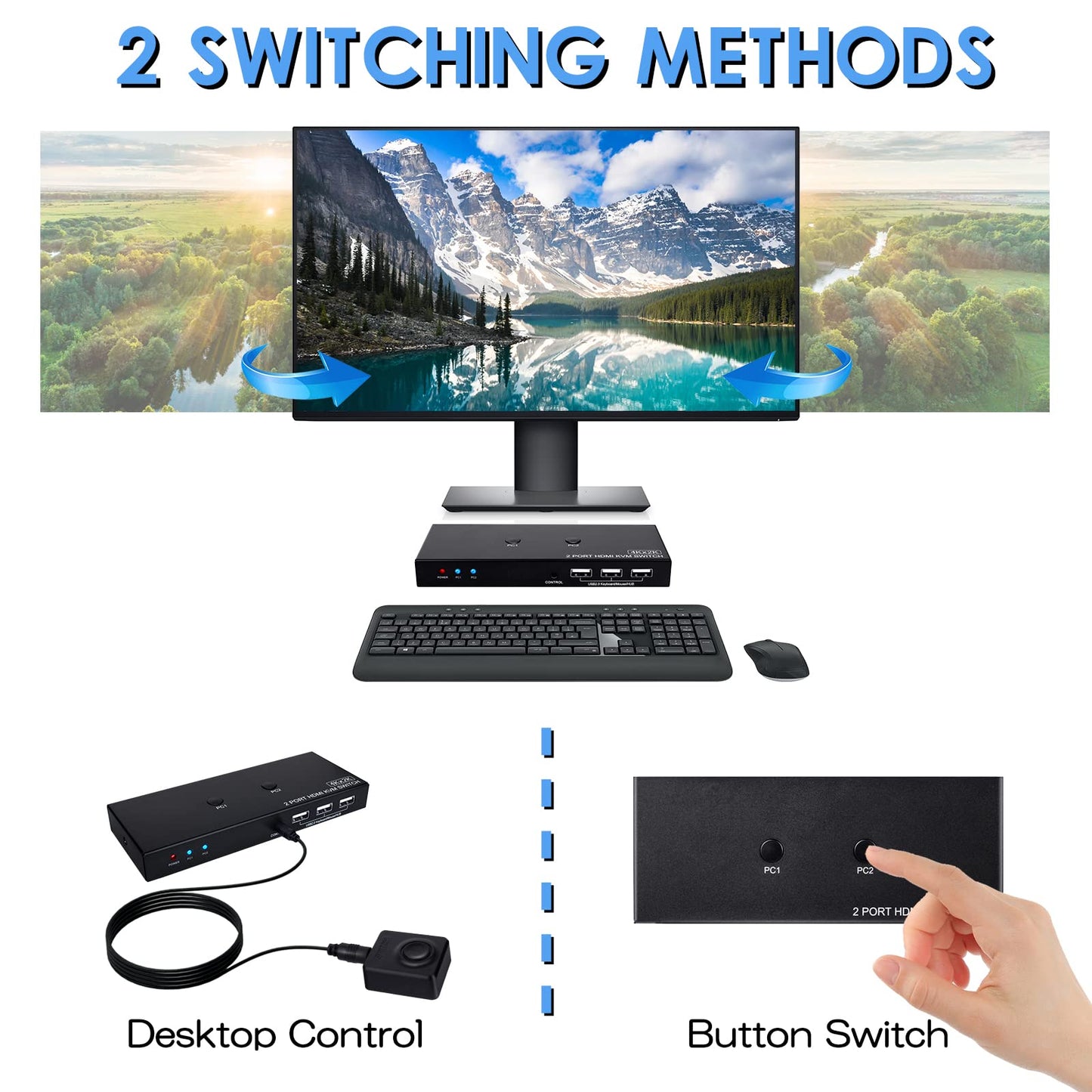 KVM Switch 4K@60Hz, HDMI USB Switch for 2 Computer Share UHD Monitor and Keyboard Mouse Printer, Support YUV RGB 4:4:4, with 2 USB Cables & Wired