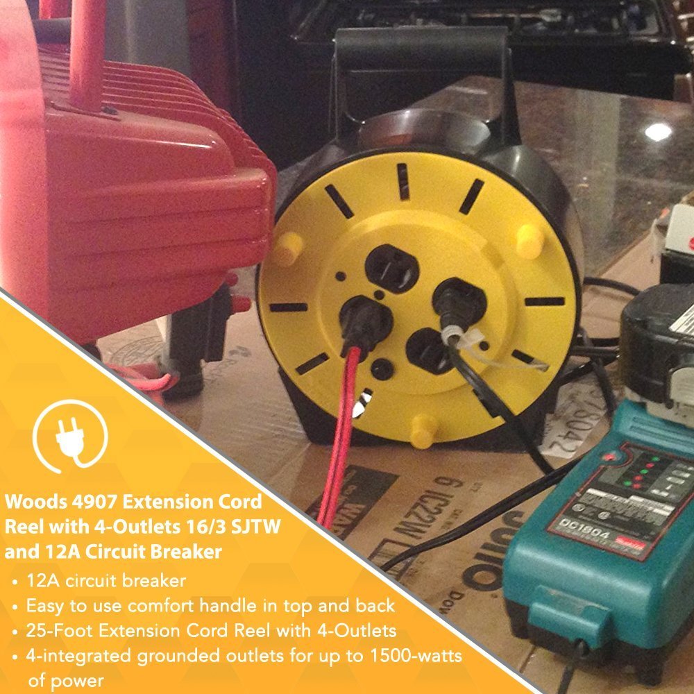 Woods Light Duty Extension Cord Reel - 16/3 Conductor Electrical Cord with 4 Grounded Outlets - 12A Circuit Breaker - Ideal for Light to Medium Duty