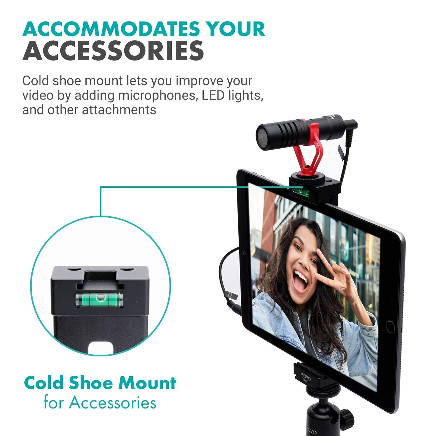 Movo TBR-1 Universal Tablet Tripod Mount with Cold Shoe for Mini Microphone, Aluminum, Compatible with iPad, Samsung Galaxy, Android Tablets and More