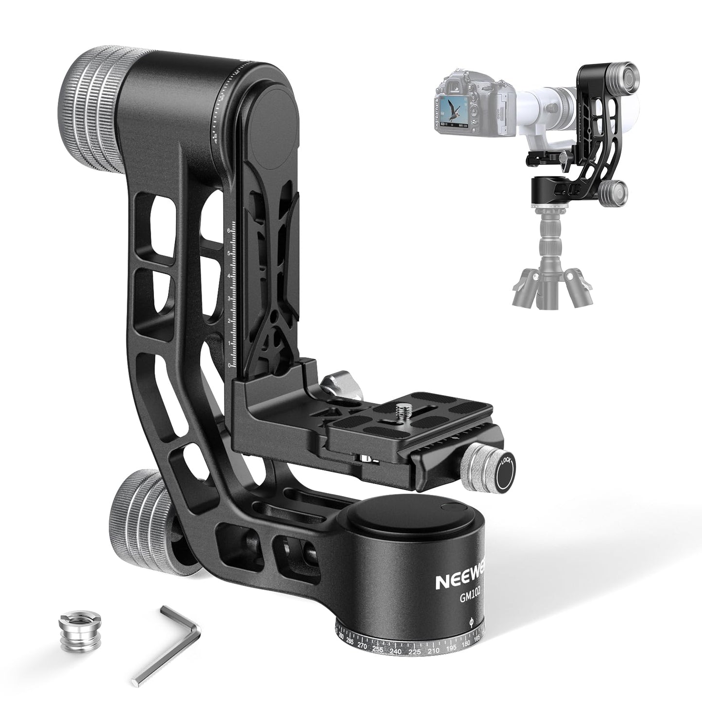 NEEWER GM102 Gimbal Head for Tripod Monopod Telephoto Lenses, 360° Panoramic Camera Tripod Head, 3 Axis Adjustment, Heavy Duty CNC Aluminum Alloy