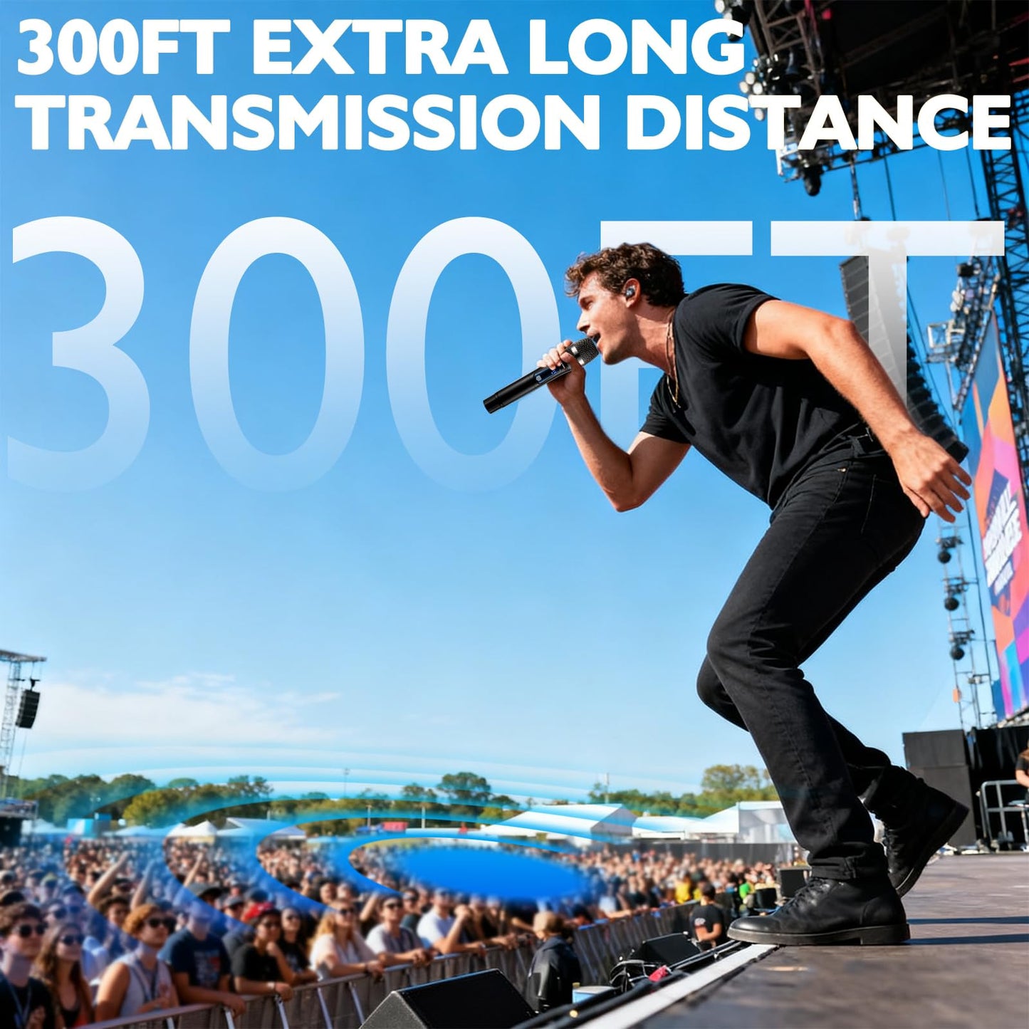 Wireless Microphone, Professional Updated 2.4G Rechargeable 2 Handheld Microphones System with 300 FT Extra Long Distance Stable Receiving for Karaoke