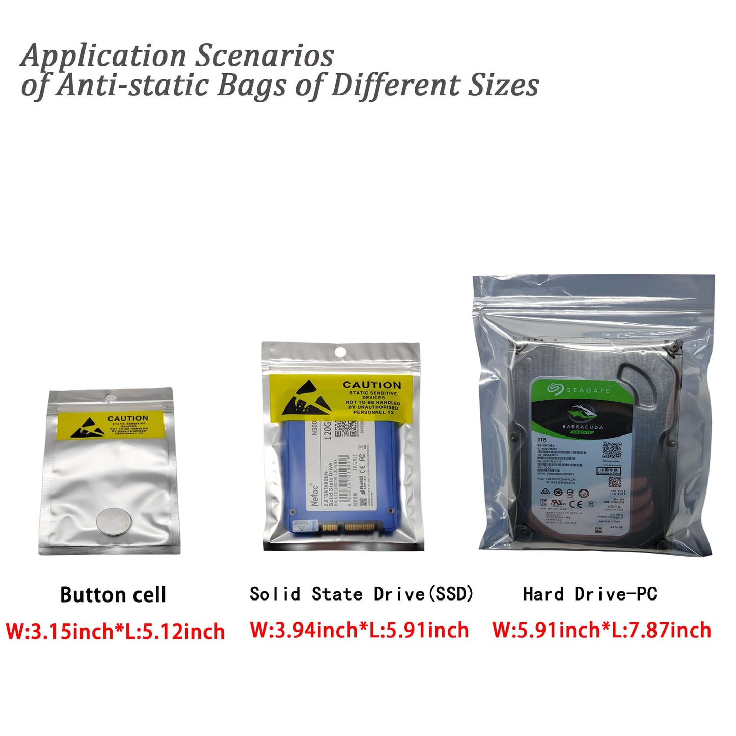 ESD Bags,Anti Static Bags,36Pcs Mixed Sizes(3.15 * 5.1/3.94 * 5.9/5.9 * 7.87) inches Translucent Antistatic Bag with Labels for SSD,HDD Varieties