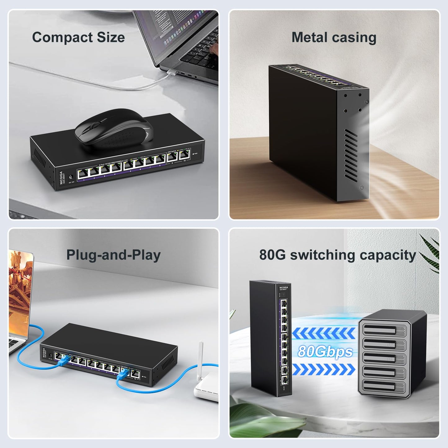 10Gbe Ethernet Switch Unmanaged with 2 x 10Gb RJ45 Ports ? 8 x 2.5Gb Base-T Ports, Desktop/Wall Mount NICGIGA 10 Port 10Gbps Network Switch