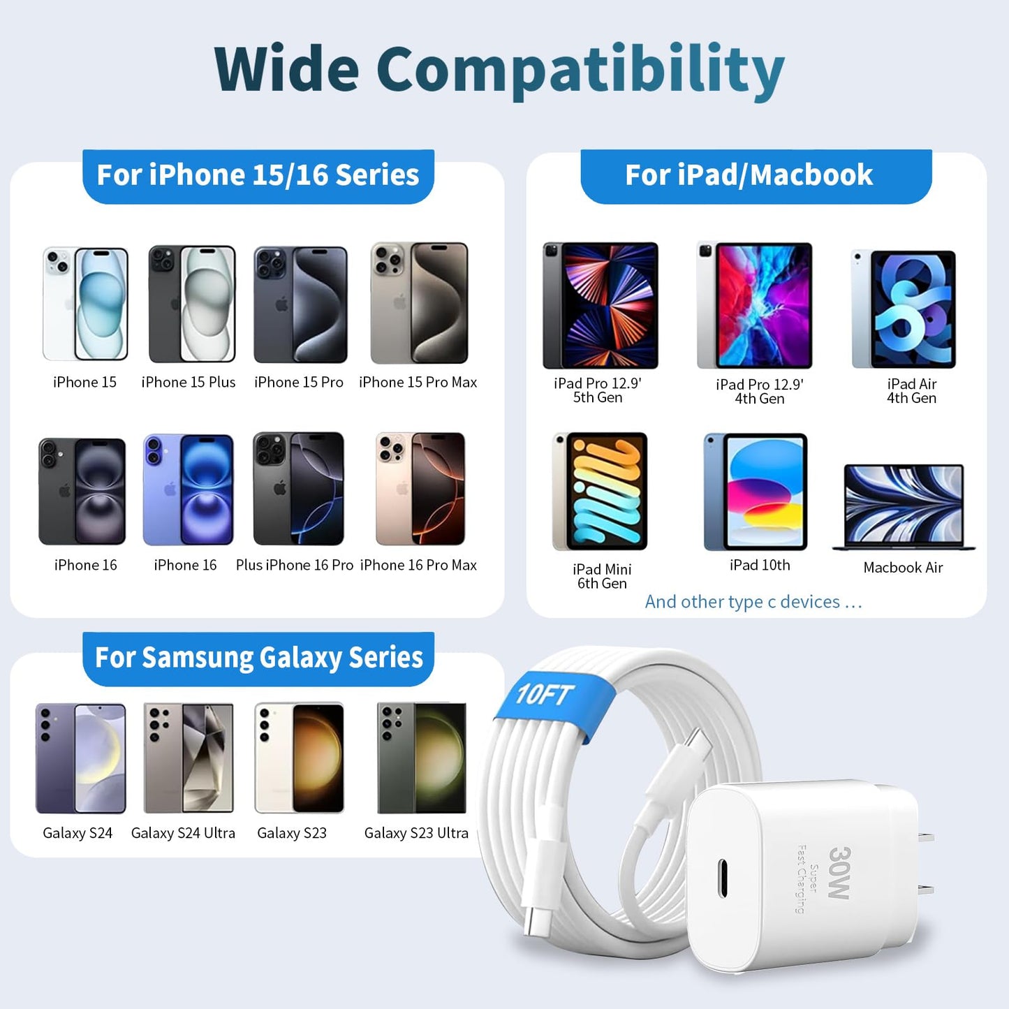i Phone 16 15 Pro Charger Fast Charging?30W USB C Super Fast Charger Block with 10ft Long Type C for i-Phone 16/16 Pro/16 Pro Max/16 Plus/15/15 Pro