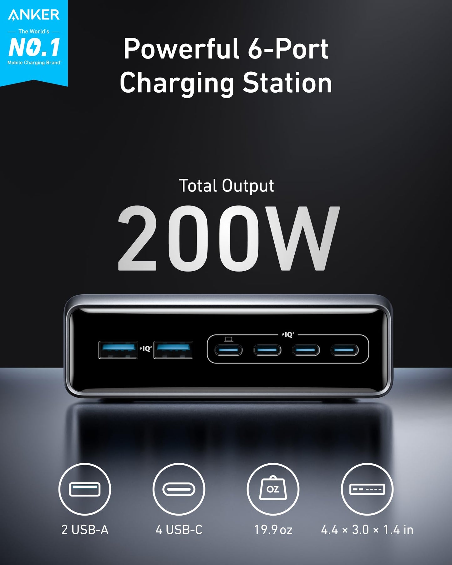 Anker Prime Charging Station, 200W 6-Port GaN Desktop Charger, Fast Charging USB C Charger for Multiple Devices, Compatible with iPhone, Galaxy
