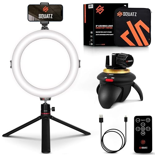 SQUATZ 8'' LED Ring Light with Stand and Phone Holder - 360 Rotating & Standard Tripod Kit - 14W, Remote Control, Adjustable Brightness, Rotation