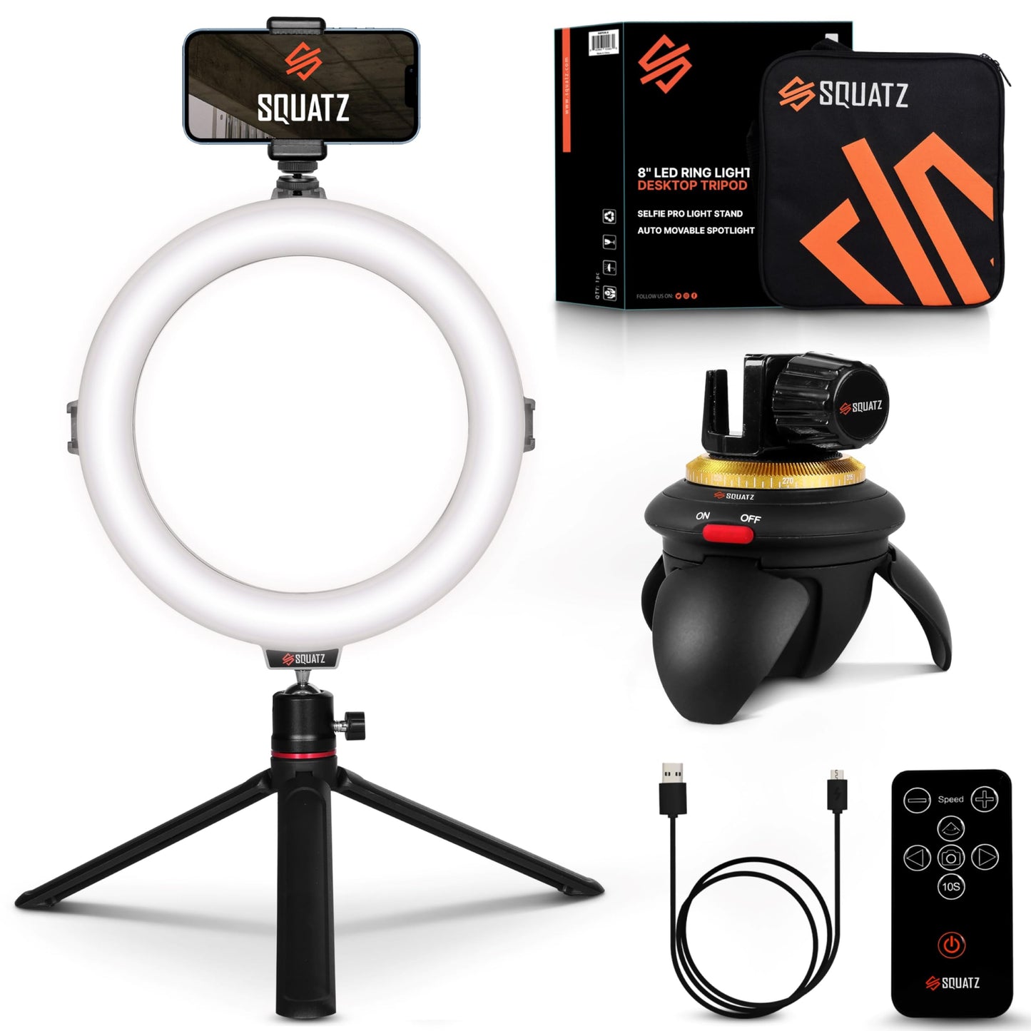SQUATZ 8'' LED Ring Light with Stand and Phone Holder - 360 Rotating & Standard Tripod Kit - 14W, Remote Control, Adjustable Brightness, Rotation