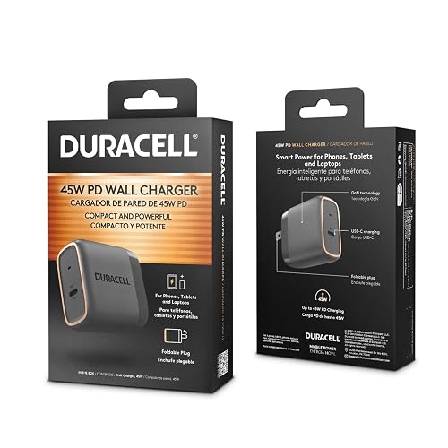 DURACELL 45W PD Folding Wall Plug | USB-C Wall Fast Charger | Excellent for Charging Your Smart Phone | Tablet | Laptop | Convenient for Travel |