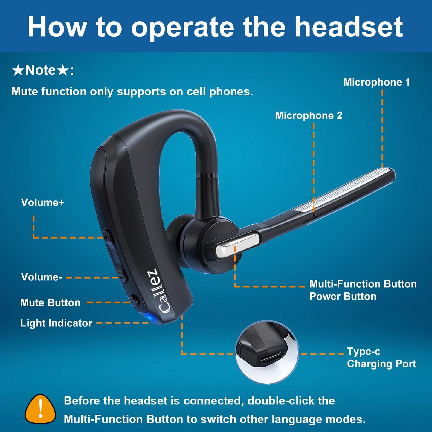 Callez Bluetooth Headset for iPhone Android Cell Phone, Bluetooth Earpiece V5.0 with CVC8.0 Dual Mic Noise Cancelling & Mute/Volume Buttons