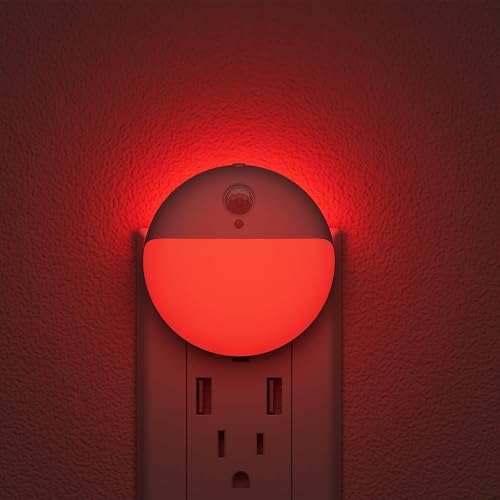 YUNLEX 2 Pack Plug in Red Sleep Night Light with Motion Sensor and Dusk to Dawn Sensor, 3 Modes, Soft Glow, 0% Blue Light True Red, Dimmable, LED