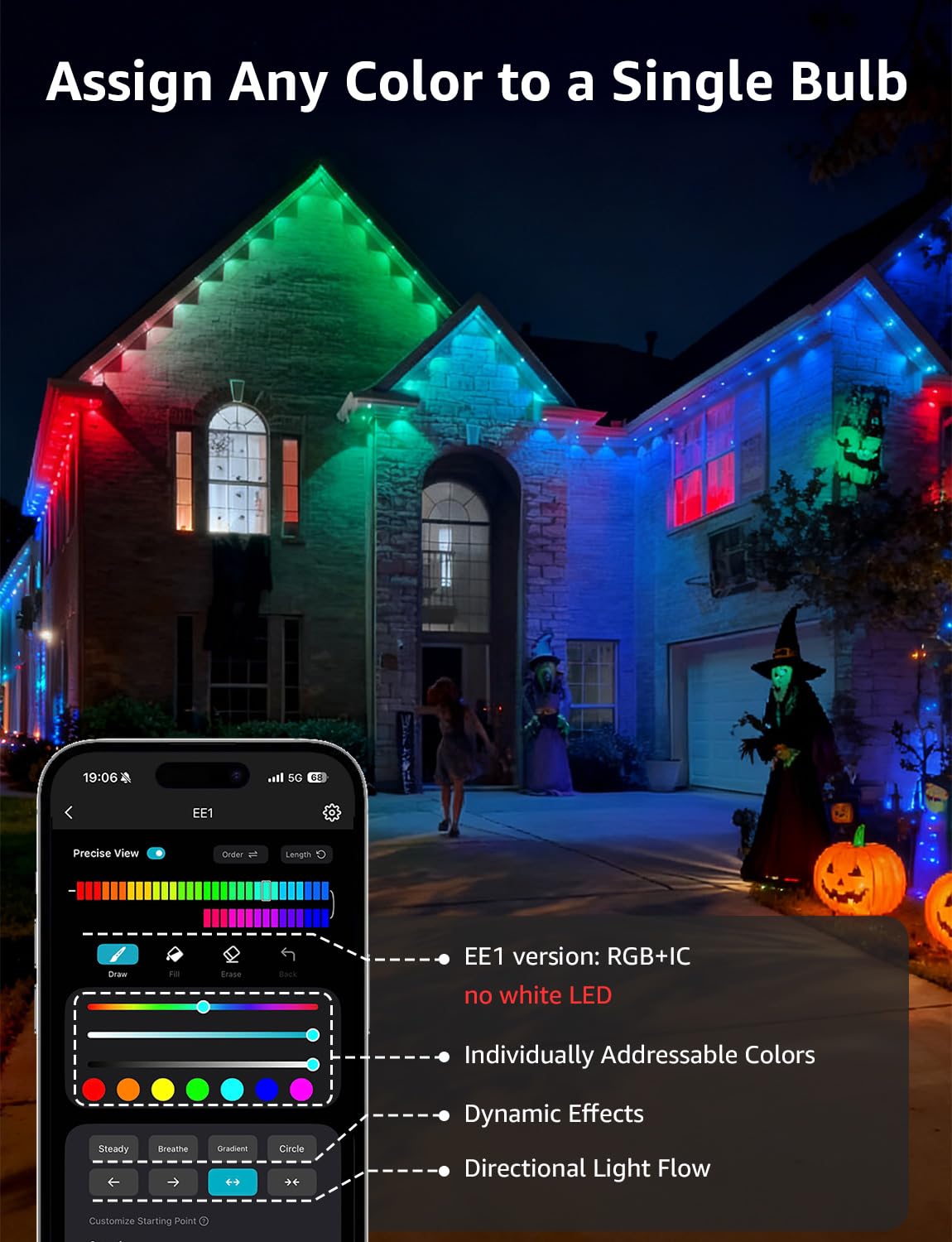 Lepro EE1 AI Permanent Outdoor Lights with Dual-Output, 50ft 30 LED RGB+IC Smart Outside Light for House Christmas Decor,Alexa Google Enabled 2.4 GHz