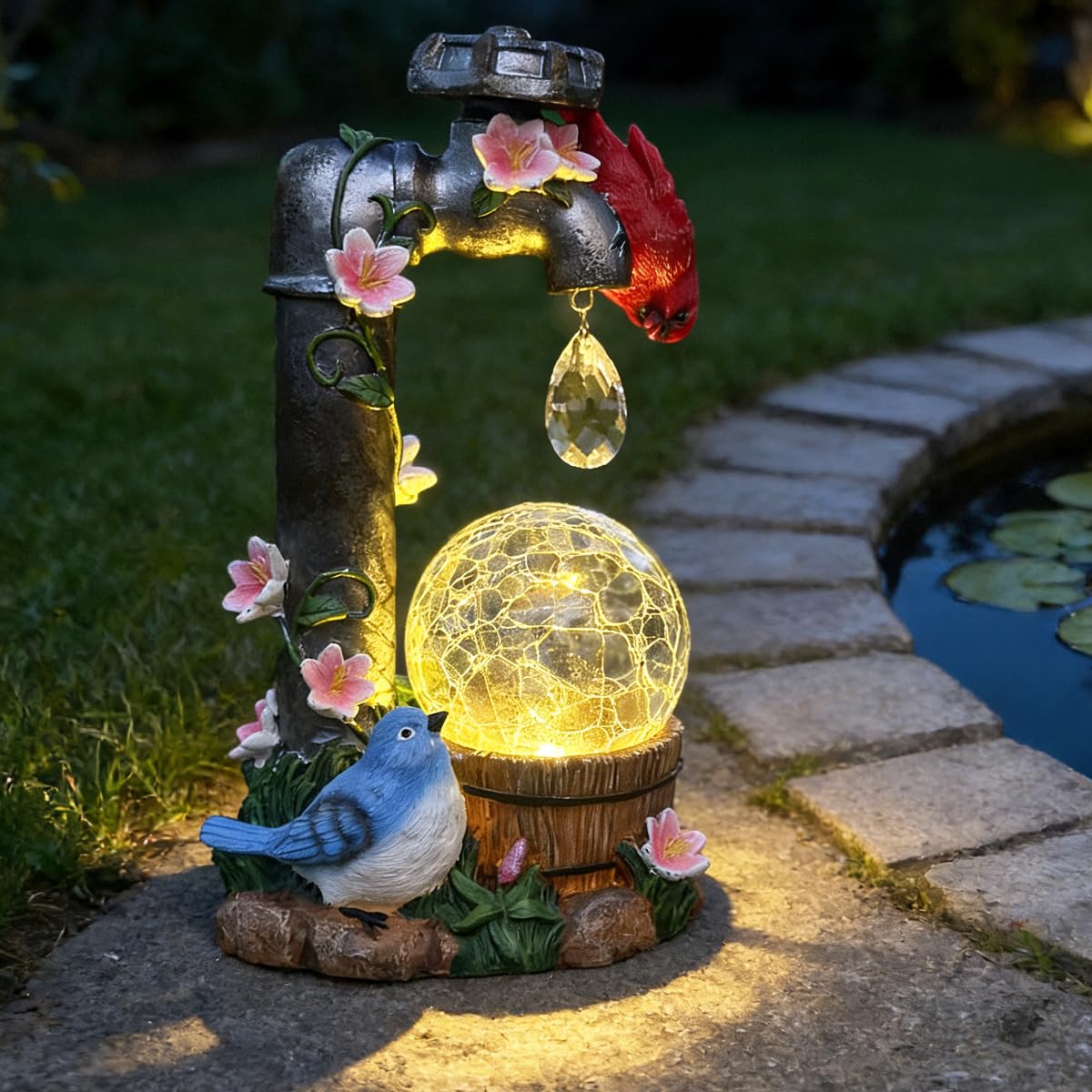 ZYLiWoo Solar Cardinal Garden Statue Decoration, Water Faucet and Solar Light Glass Ball, Outdoor Resin Garden Statue, Cardinal Gift, Women's Mother's