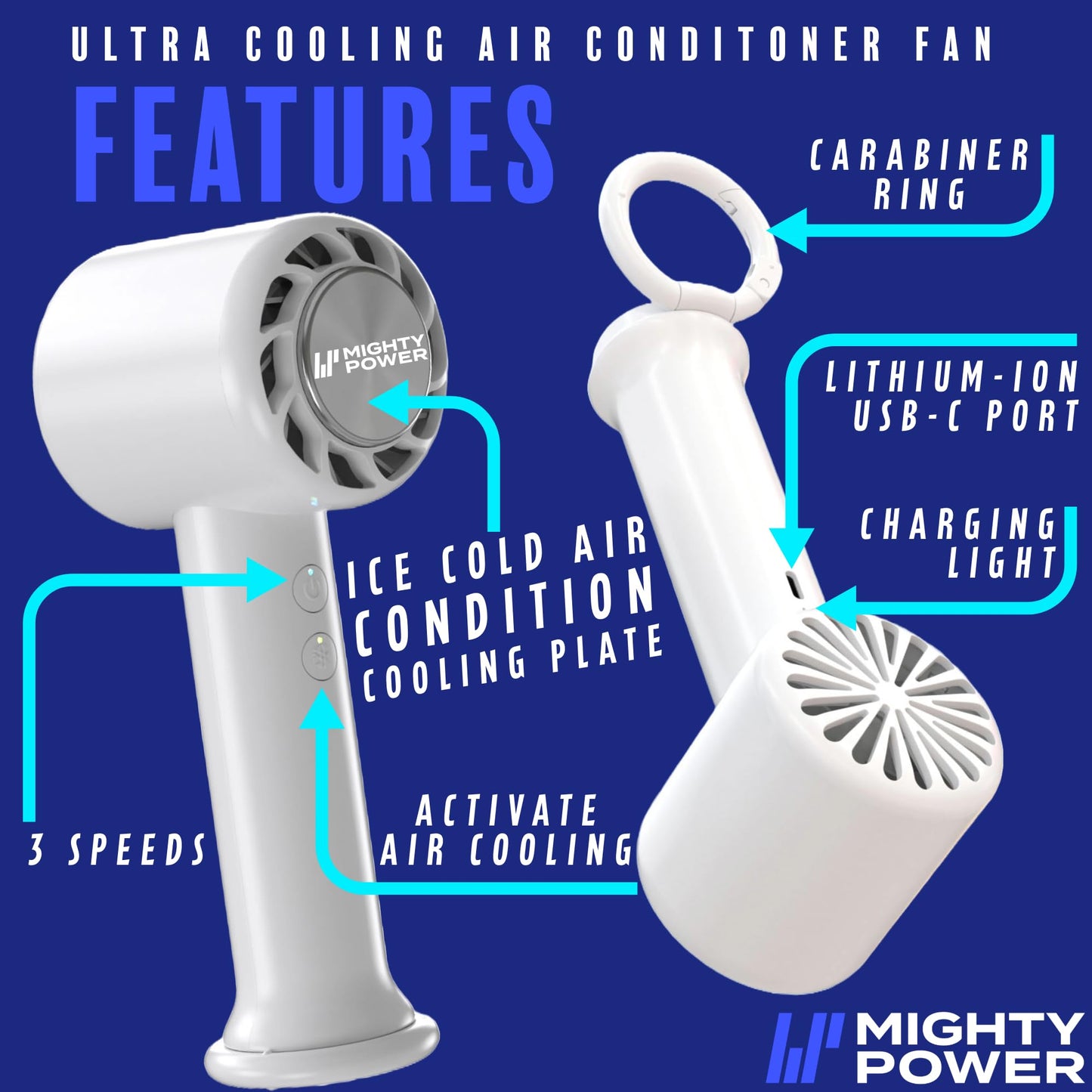 Mighty Power Handheld Air Fan, 3 Speeds, Rechargeable USB-C, Instant Cooling Tech, 10 Hrs Runtime, Compact, Gift, Travel, Camping, Beach, White, 6.5