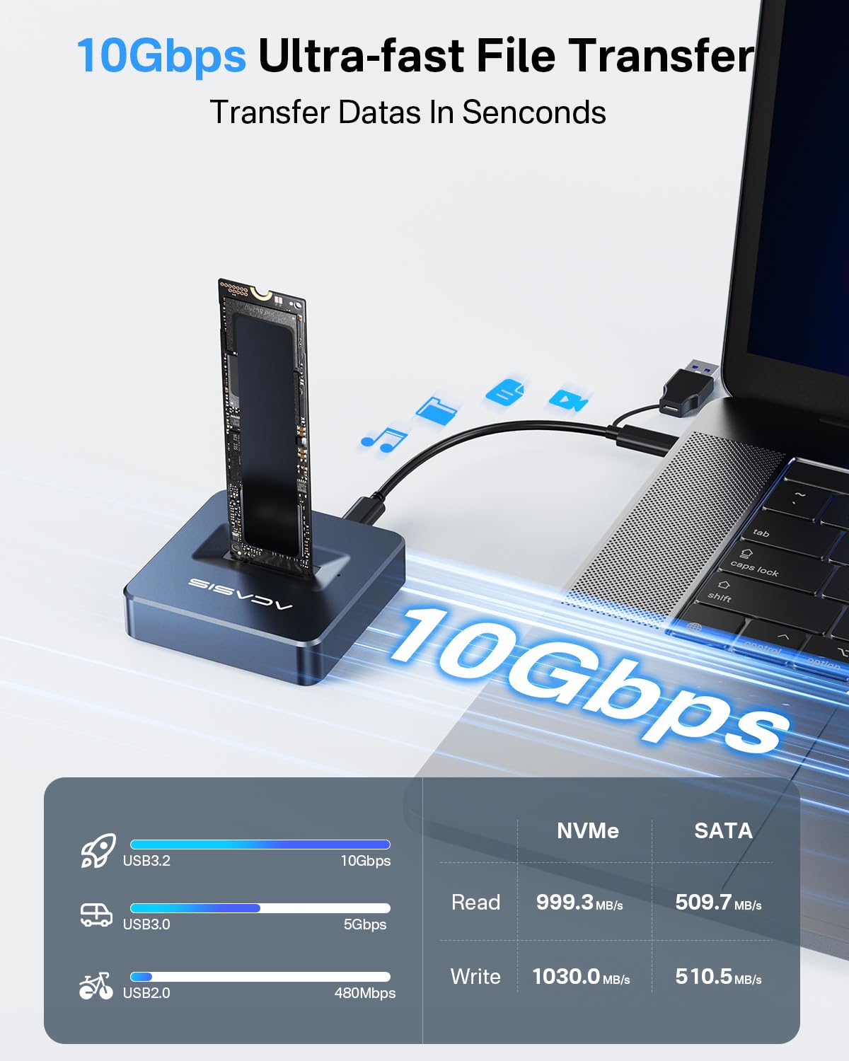 ACASIS NVME SSD Reader Adapter, Aluminium Alloy Housing Fast Heat Dissipation, NVME to USB Docking Station, M.2 SSD to USB Adapter 10Gbps, Support M.2