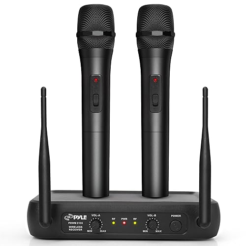 Pyle Channel Microphone System-VHF Fixed Dual Frequency Wireless Set with 2 Handheld Dynamic Transmitter Mics, Receiver Base-for PA, Karaoke, Dj Party