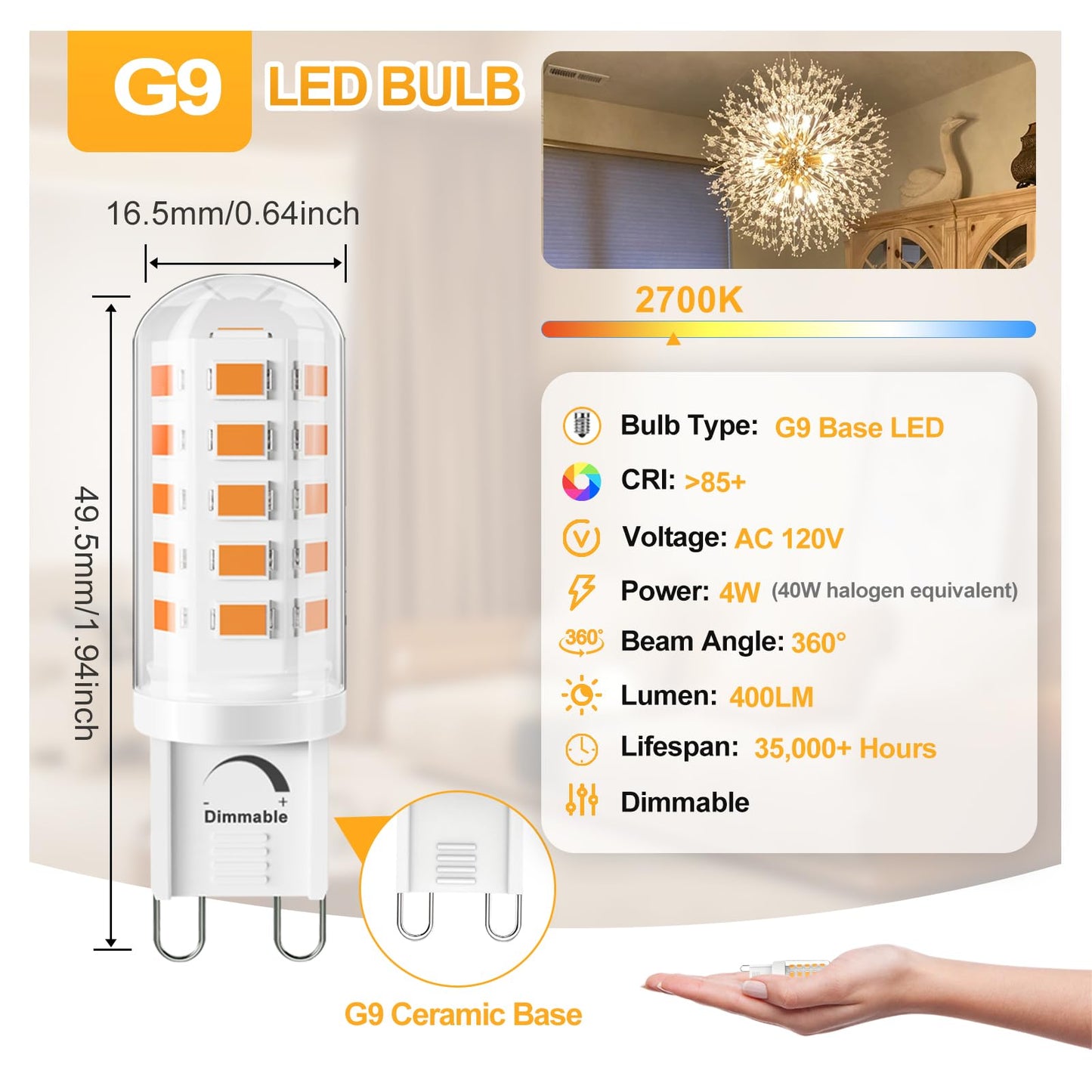 SSQY G9 LED Bulb Dimmable T4 G9 4W Replacement for 40 Watts Halogen, Ceramic Base, 120V 400 Lumen 360°Beam Angle, G9 Light Bulbs for Chandelier, Home