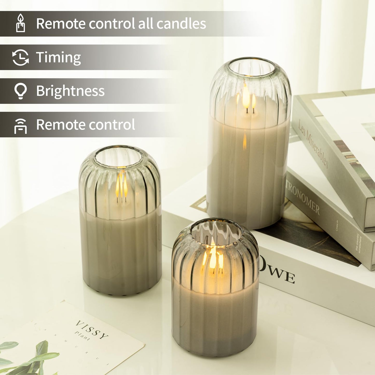 Ribbed Glass Battery Candles - FLameless Candles with Remote, Sage Green LED Candles with Timer, Warm Light, Lasting 350 Hrs and Brightness