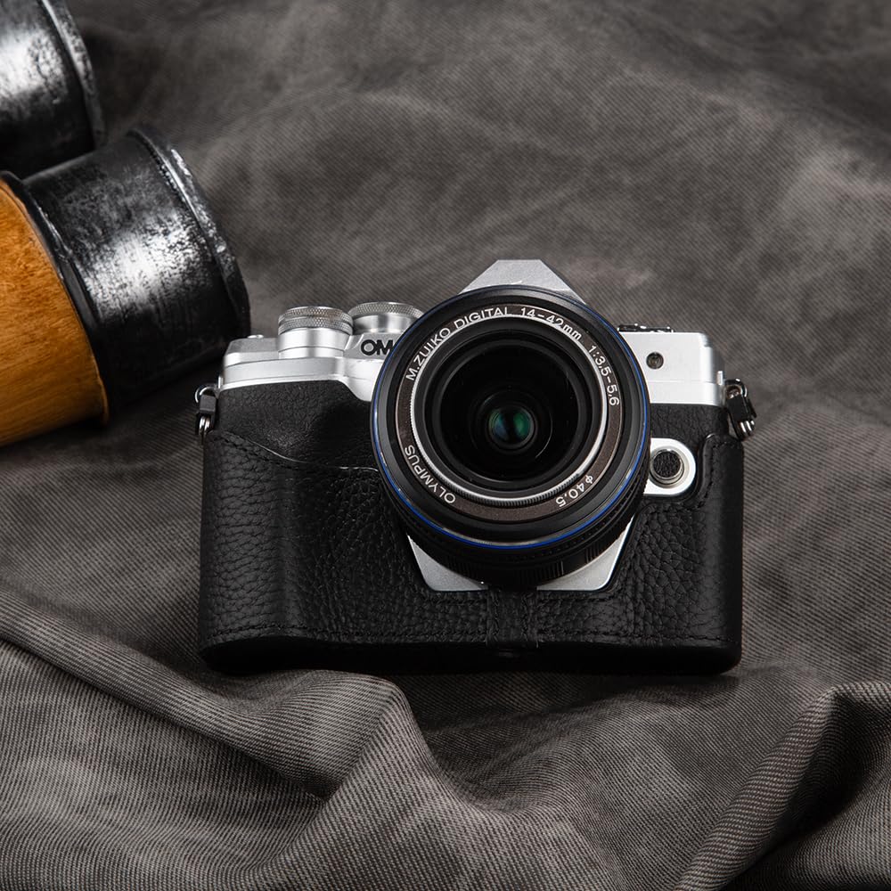DBZZ E-M10 Mark IV Vintage Genuine Leather Camera Case?Half-Wrap Camera Protector For Olympus OM-D E-M10 Mark IV (Black set)