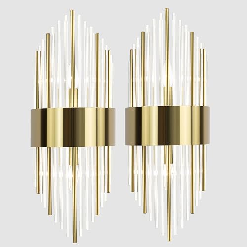 TEENYO Modern Gold Wall Sconces Set of Two Crystal Sconces Wall Lighting 2-Light Brass Glass Wall Light Fixtures for Bedroom Living Room Bathroom