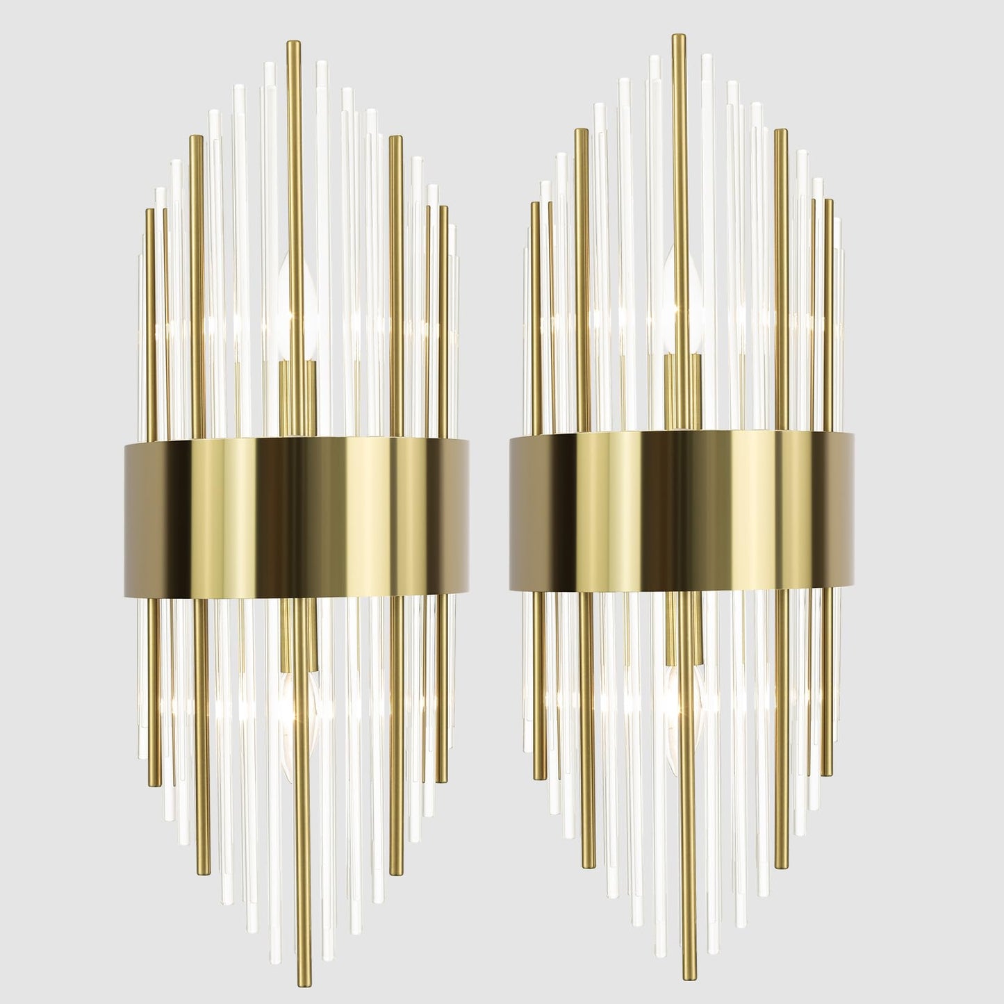 TEENYO Modern Gold Wall Sconces Set of Two Crystal Sconces Wall Lighting 2-Light Brass Glass Wall Light Fixtures for Bedroom Living Room Bathroom