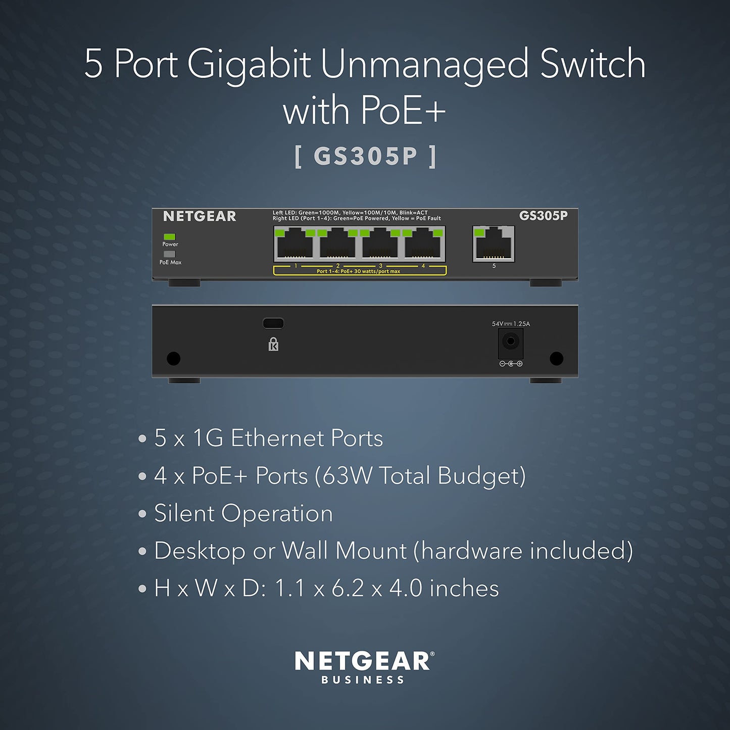 NETGEAR 5-Port Gigabit Ethernet Unmanaged PoE Switch (GS305P v2) - with 4 x PoE+ @ 63W, Desktop or Wall Mount