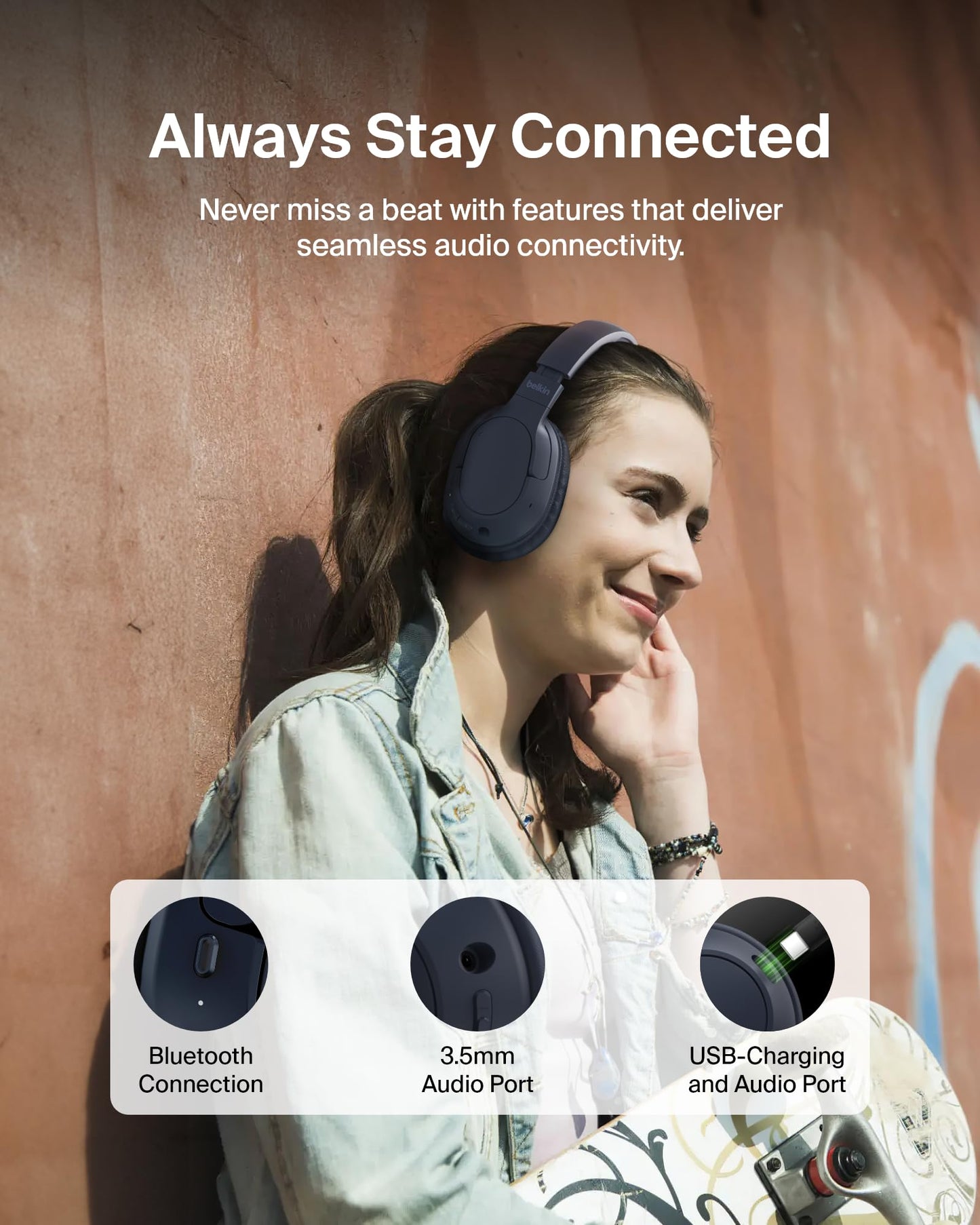 Belkin SoundForm Surround Bluetooth Over-Ear Headphones - Environmental Noise Cancelling Headphones - Wireless w/ 60H Playtime & Soft Ear Cups…
