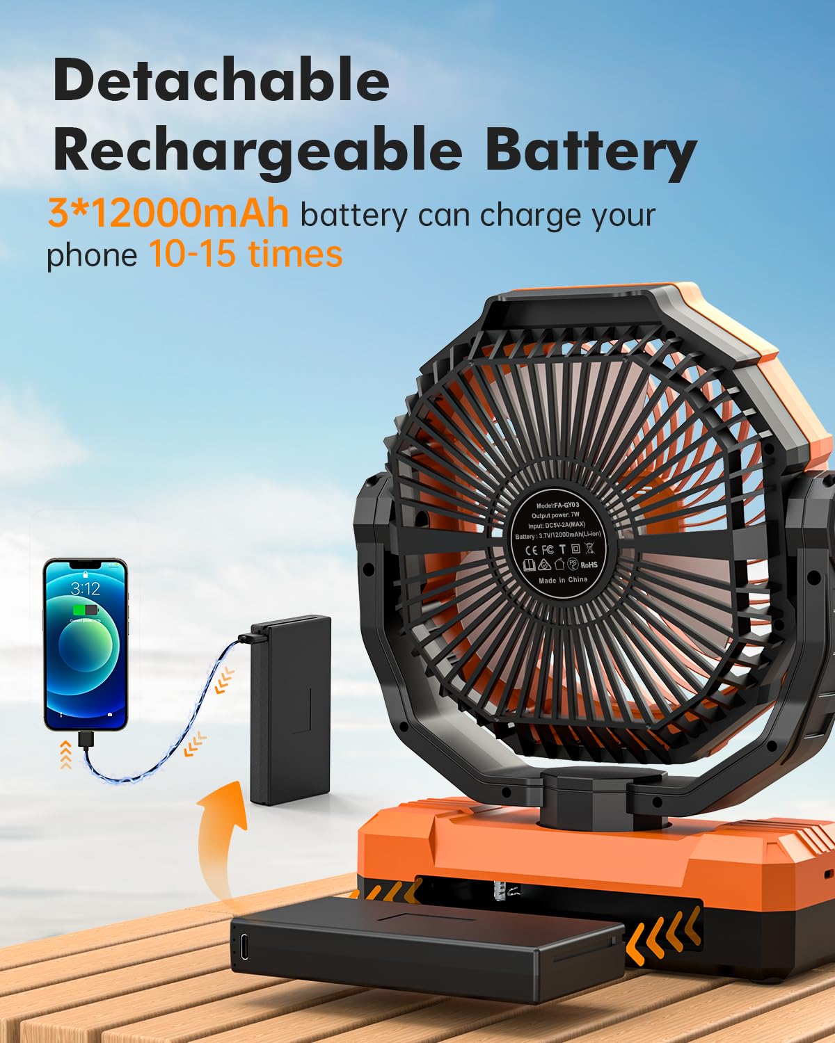 Wavmill 3-in-1 Camping Fan - 36000mAh Detachable Portable Fan Rechargeable