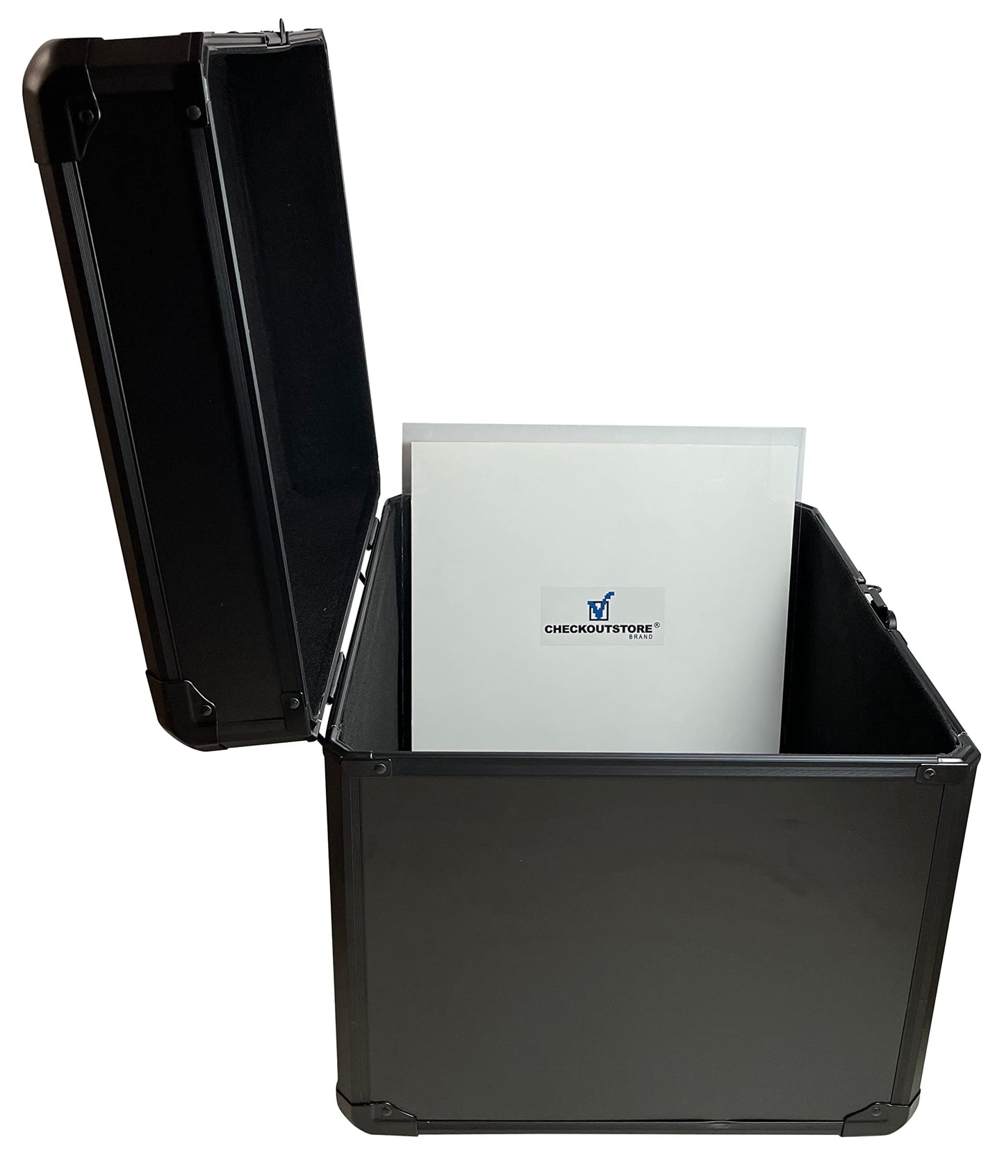CheckOutStore Black Limited Aluminum 12" LP Vinyl Record Storage Box (Holds Up to 100 Records)