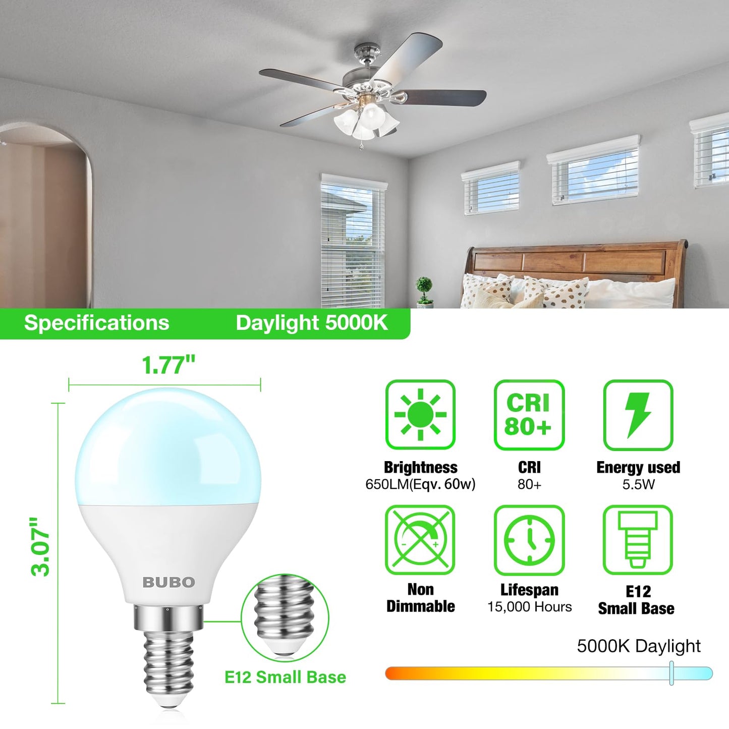 BUBO Ceiling Fan Light Bulbs 60 Watt Equivalent, 5.5W E12 LED Bulb Daylight 5000K, Fan Light Bulb, Small Base LED Light Bulbs 120V, Candelabra Base
