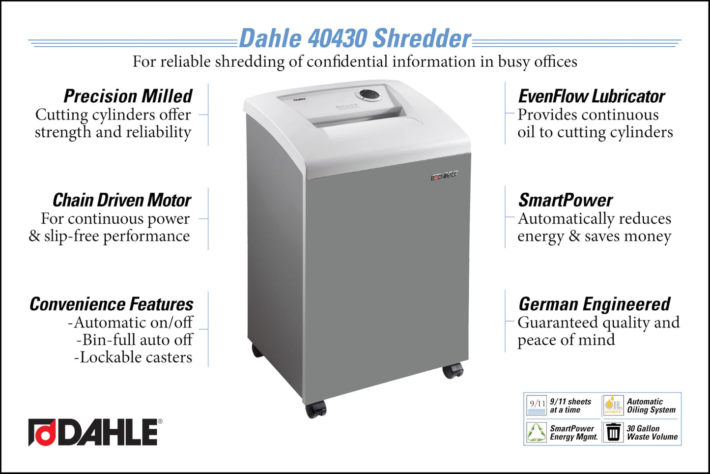 Dahle 40430 Paper Shredder, Micro Cut, P-6 Security, German Engineered, Jam Protection, Automatic Oiler, SmartPower, 9 Sheet Max, 30 Gal Bin