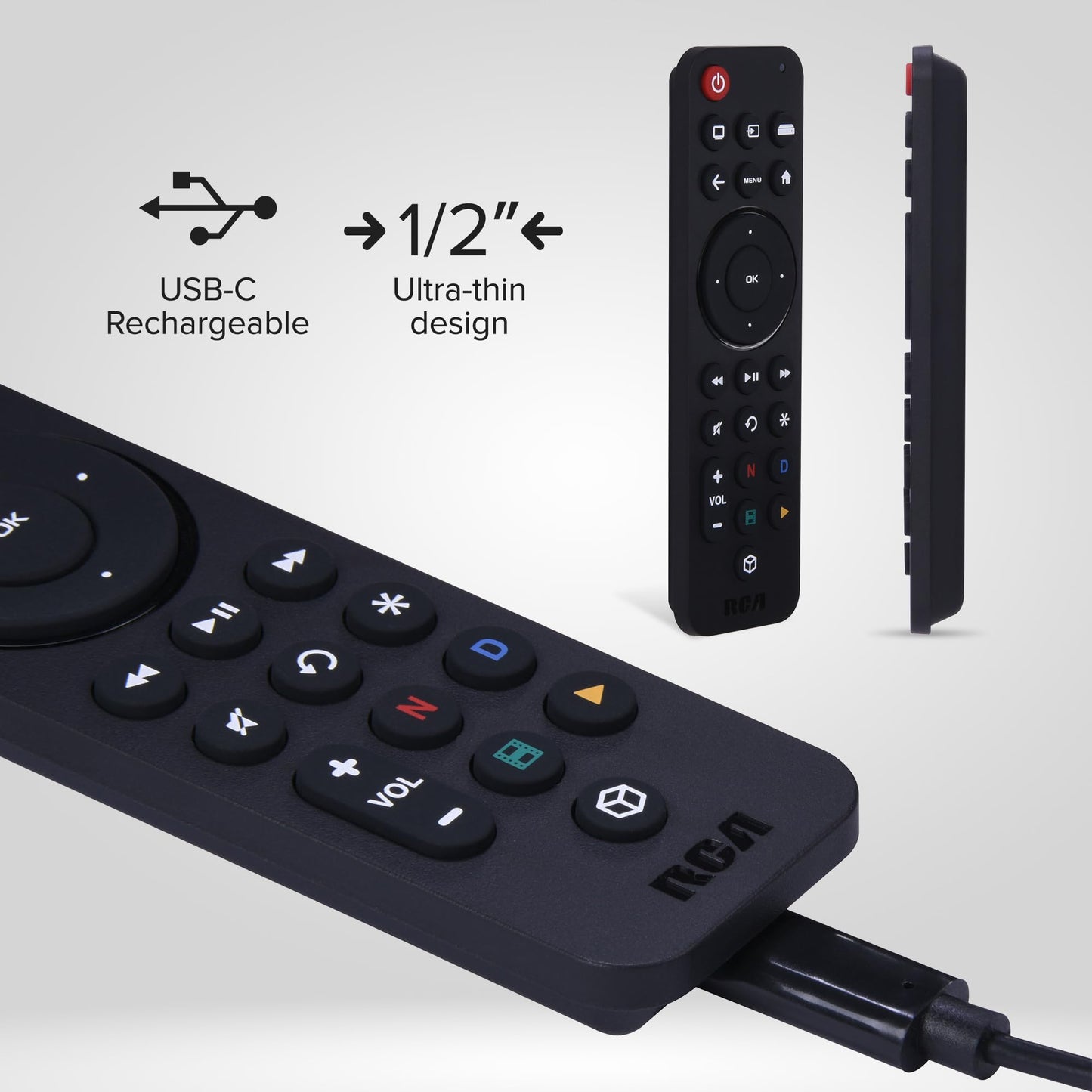 RCA Universal Streaming Remote Control, USB-C Rechargeable, 3-Device Compatible with Samsung, LG, Sony, Vizio TVs, Roku, Fire TV, Apple TV, Chromecast