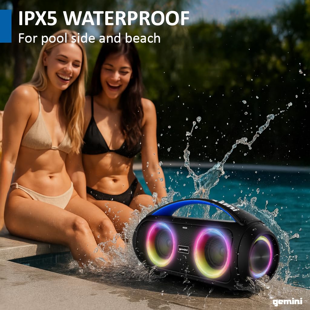 Gemini Portable Bluetooth Boombox Speaker with Deep Bass, LED Party Lights, FM Radio, USB, Mic Input & 7-Hour Battery - Rechargeable Wireless Speaker
