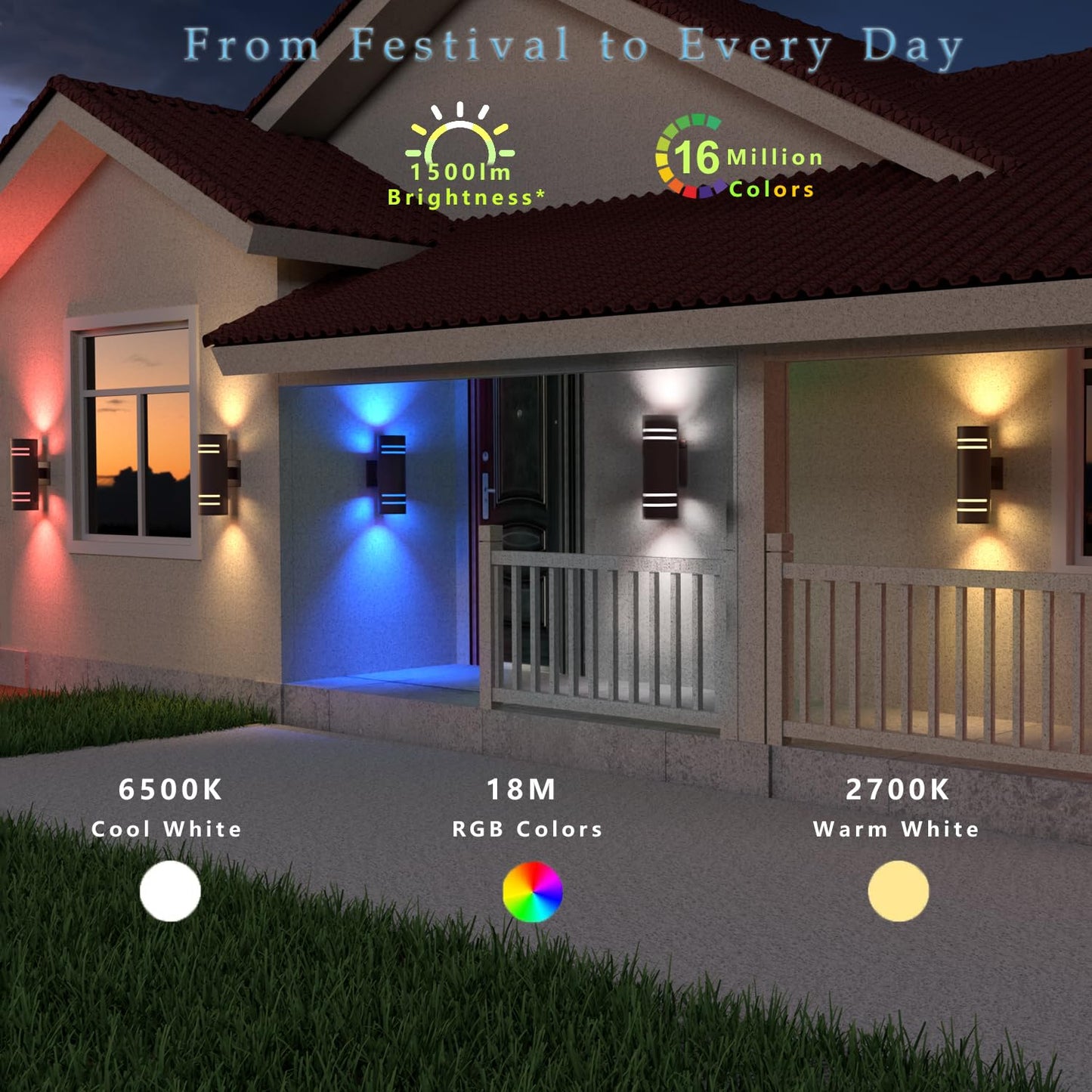 rosykite Smart Outdoor Wall Lights Color Changing 2 Pack, RGB+2700K-6500K Modern Exterior Lighting Fixtures Cylinder Outside Wall Sconce with Glass