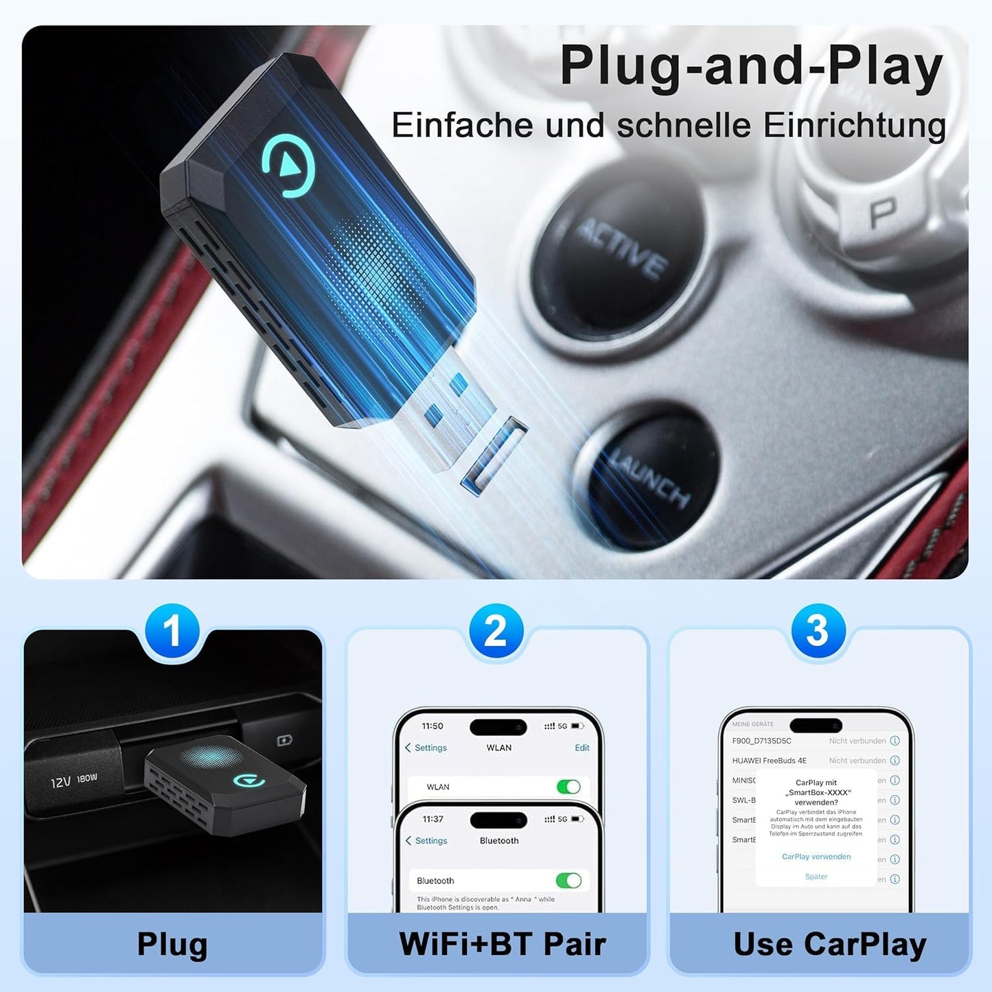 CAENEEDER Wireless Carplay Adapter, Convert Wired to Wireless CarPlay, Compatible with CarPlay, Plug and Play, Type-C/USB, Suitable for 800+ Vehicles