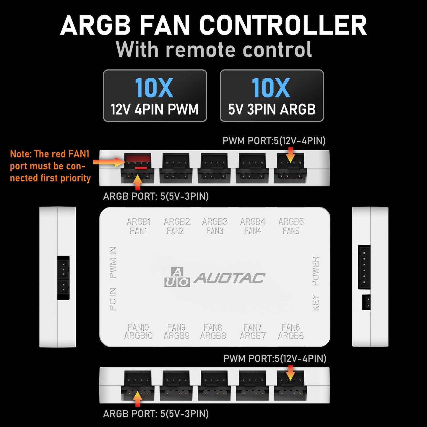 Auotac ARGB Controller PWM Fan Hub with RF Remote, (Connect Ten Case Fans, 5V 3Pin ARGB & 12V 4Pin PWM Fan Connector, Dual SATA Power Input, Magnetic