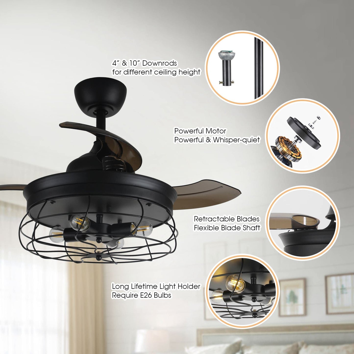 36 Inch Retractable Ceiling Fans with Lights, Invisible Cage Fan