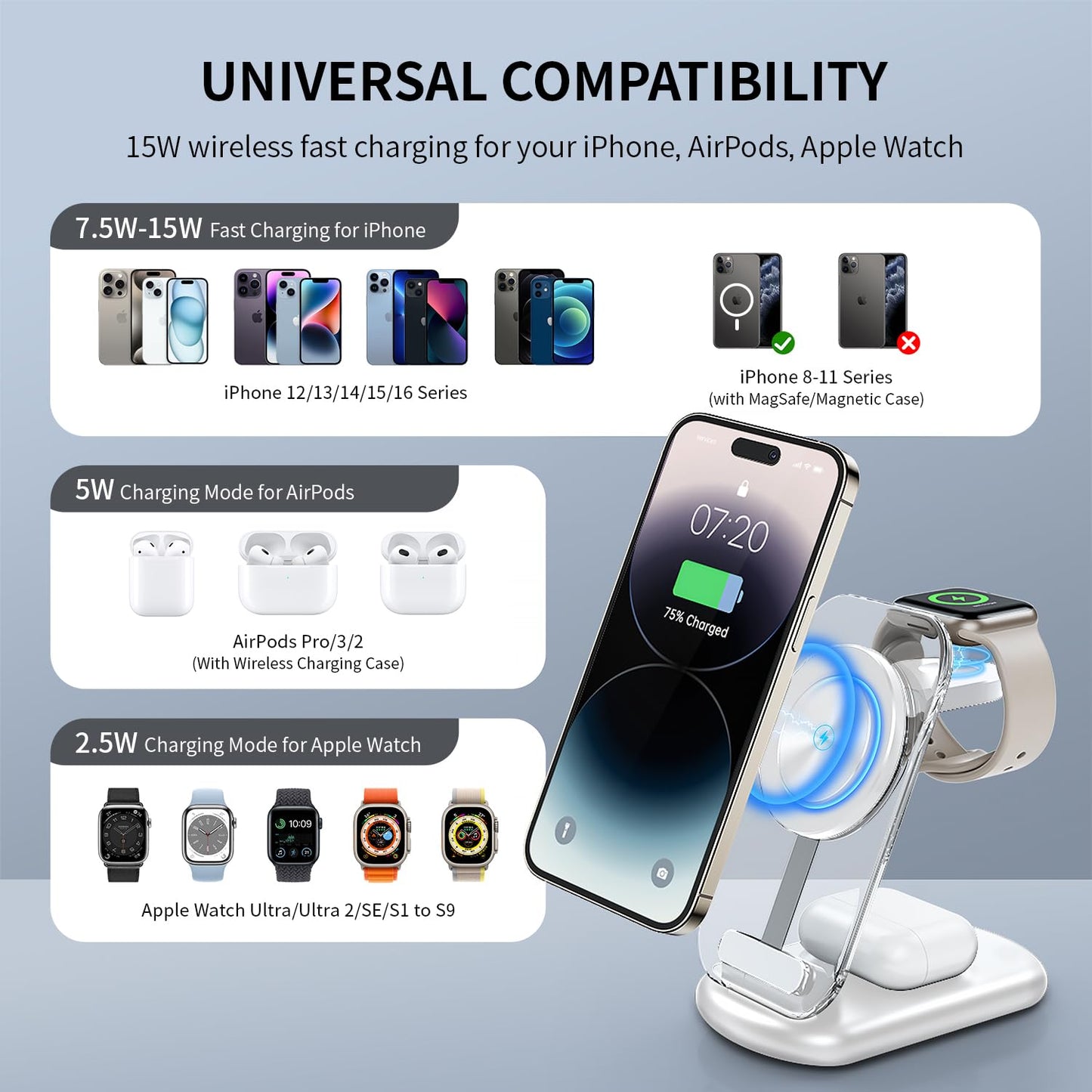 2026 Traveling Wireless Mag-Safe Fast Charging Station,Magnetic 3 in 1 Charger with Light for iPhone 16 15 14 13 12 Pro Max Plus,Apple Watch Series