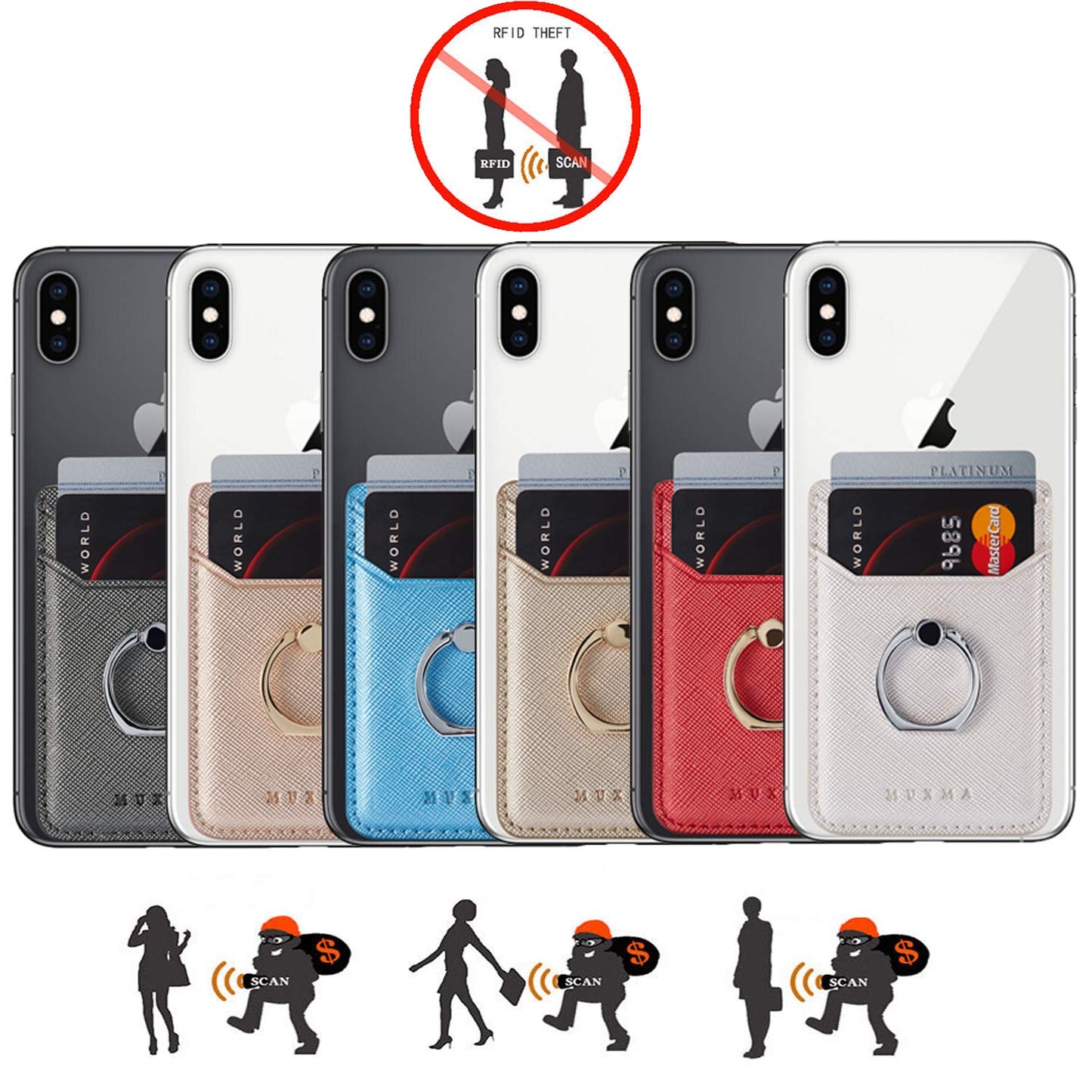 BIAJIYA Phone Card Holder RFID Leather Wallet Credit Adhesive Cell Case Stick-on Card Holder for Women and Men Back of Phone for Most of Smartphones