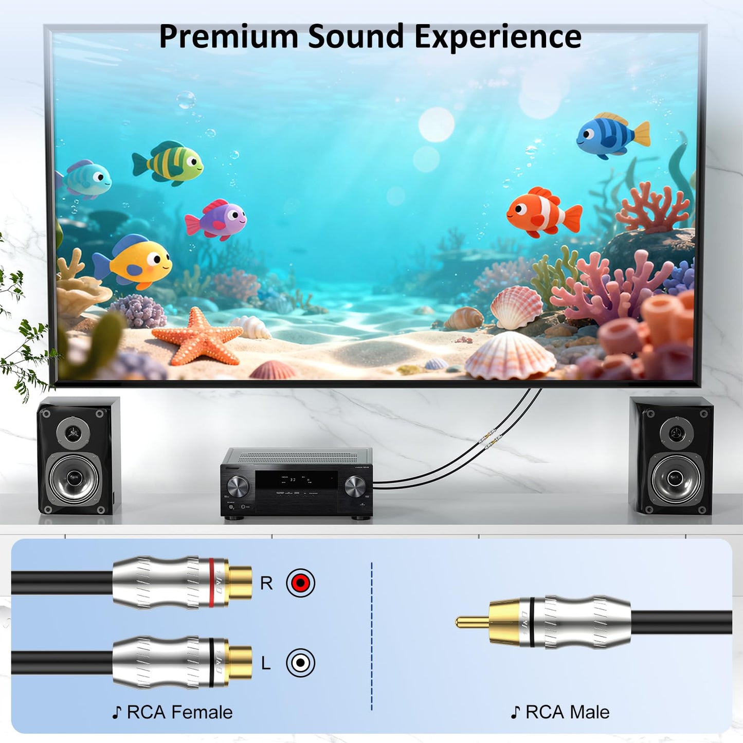 J&D RCA Y-Splitter Cable, 1 RCA Male to 2 RCA Female Short Y Splitter Cable Extension Cord Gold Plated Adapter Digital Stereo Audio Cable, 1 Feet