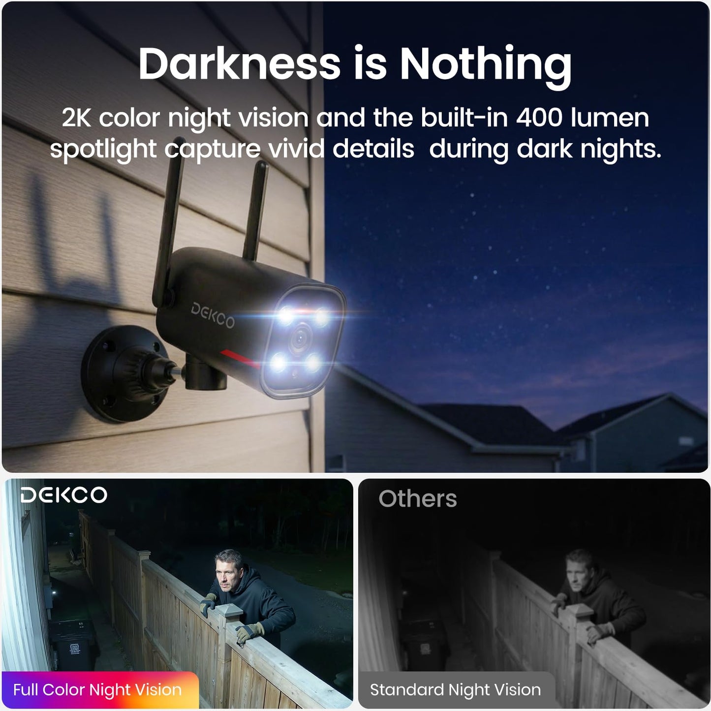 DEKCO Wired 2K Security Camera Outdoor, 180° Pan & 270° Coverage, 24/7 Constant Power Surveillance, Full Color Night Vision, AI Human Detection, Cloud