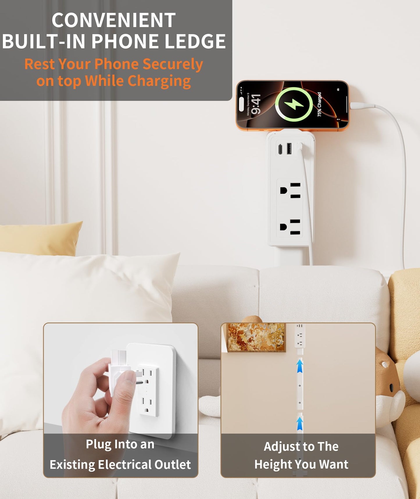 2 Pack Electrical Outlet Extender Stick Features 2 USB-A, USB-C and 2 AC Outlets, Extendable to 6", 15.3", 24.5", 34", for Hard to Reach Spaces Use