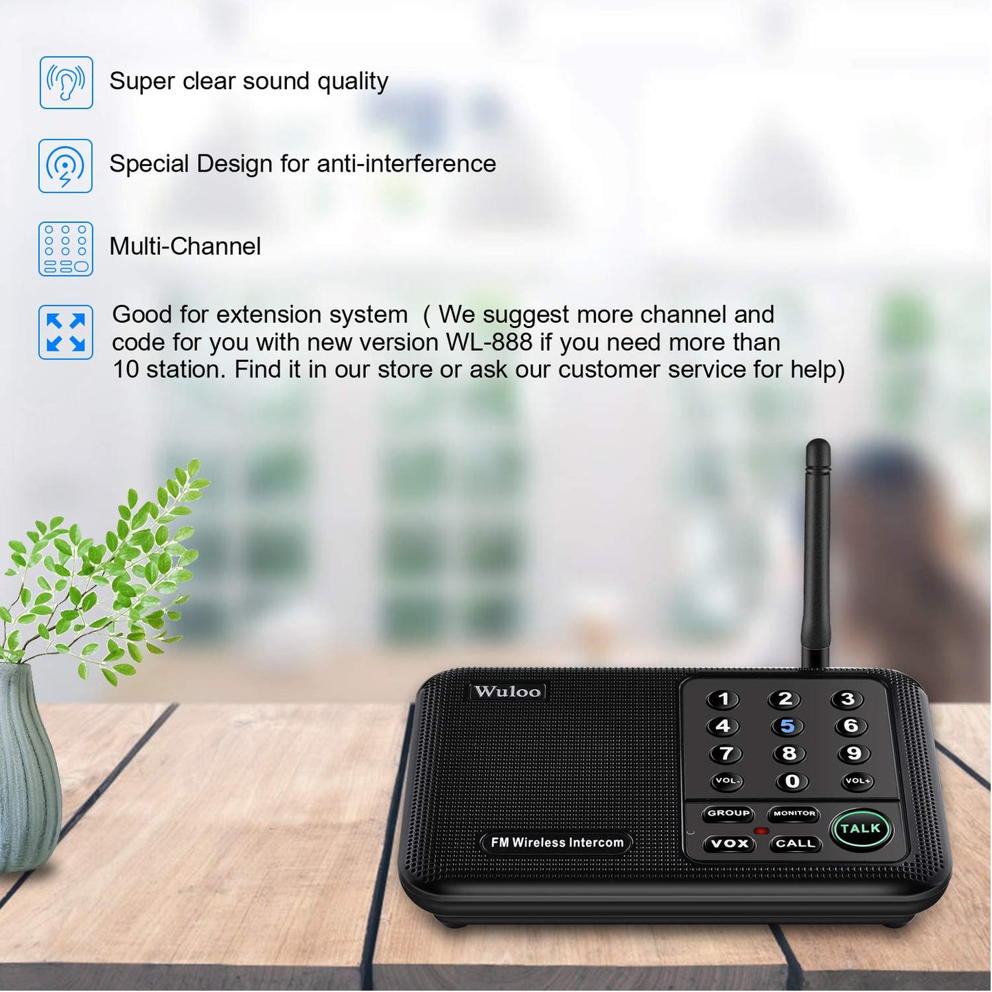 Wuloo Intercoms Wireless for Home 5280 Feet Range 10 Channel 3 Code, Wireless Intercom System for Home House Business Office, Room to Room Intercom
