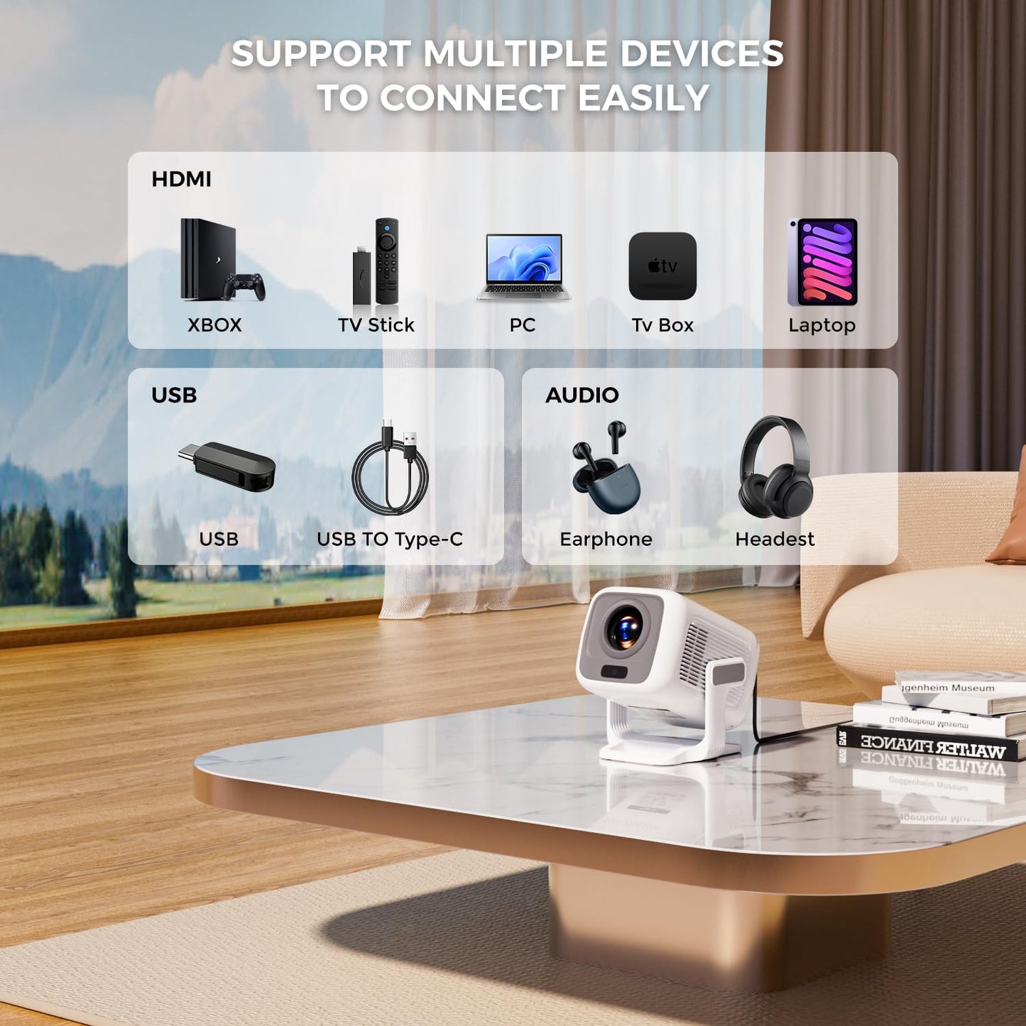 Mini Projector with WiFi and Bluetooth 4K 1080P Support with 180°Adjustable Stand, Home Video Projector Compatible for Laptop