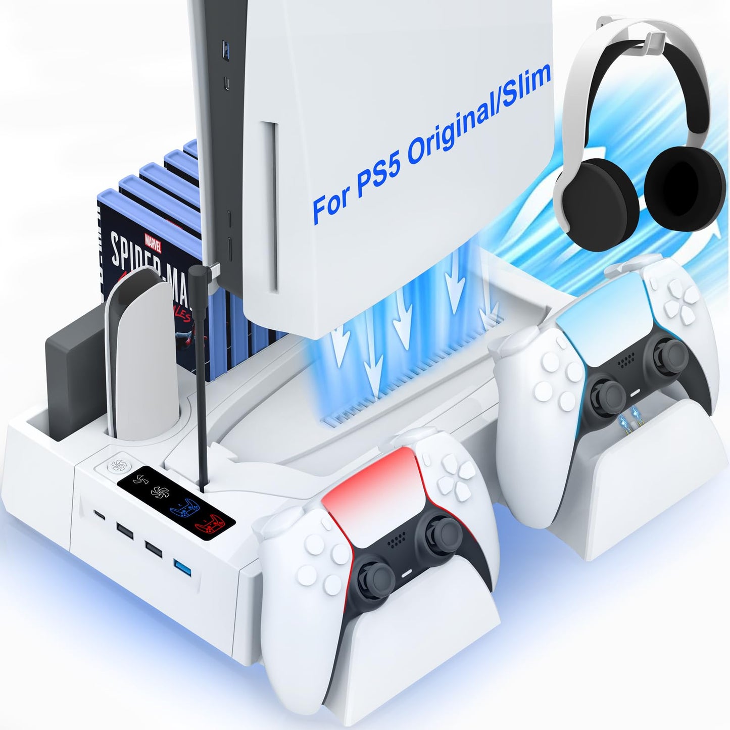 PS5/Slim Cooling Station for PS5 Disc&Digital, PS5 Cooling Stand with Dual Controller Charging for PlayStation 5 Console, Multi-Function PlayStation 5